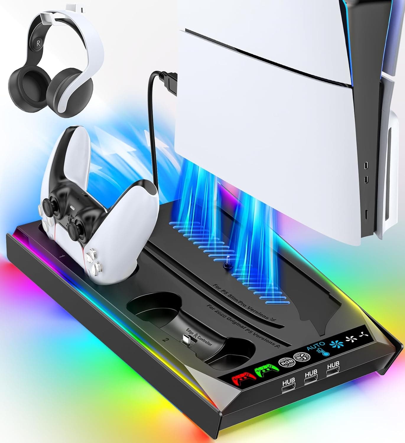 Rysker Soporte para PS5/Pro/Slim y Refrigeración para PS 5 Disc & Digital, Cargador para PS5 & Edge Mando, Ventilador Automático PlayStation 5 de 3 Velociadades 3 USB HUB-Negro