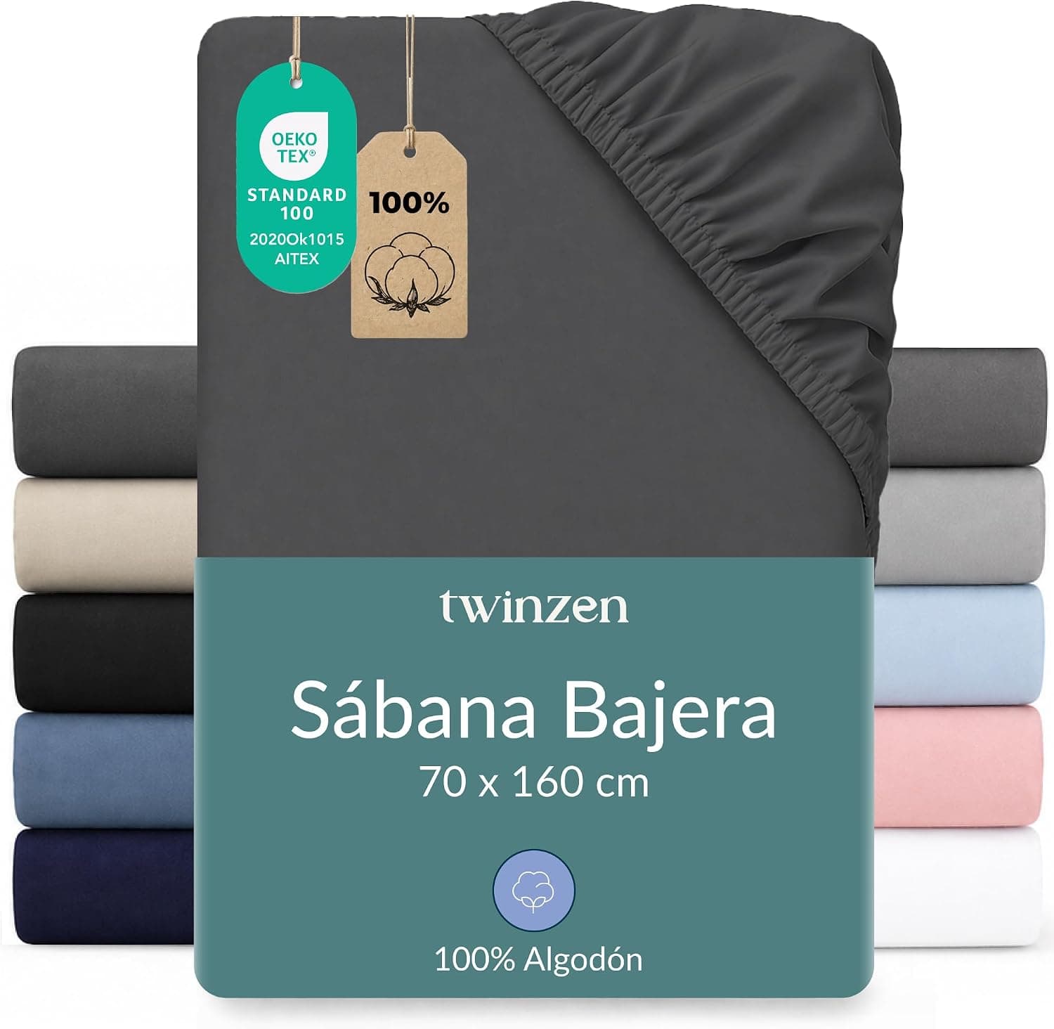 Twinzen Sábana Bajera Jersey Algodón 70x160 Gris Oscuro Altura 15 cm