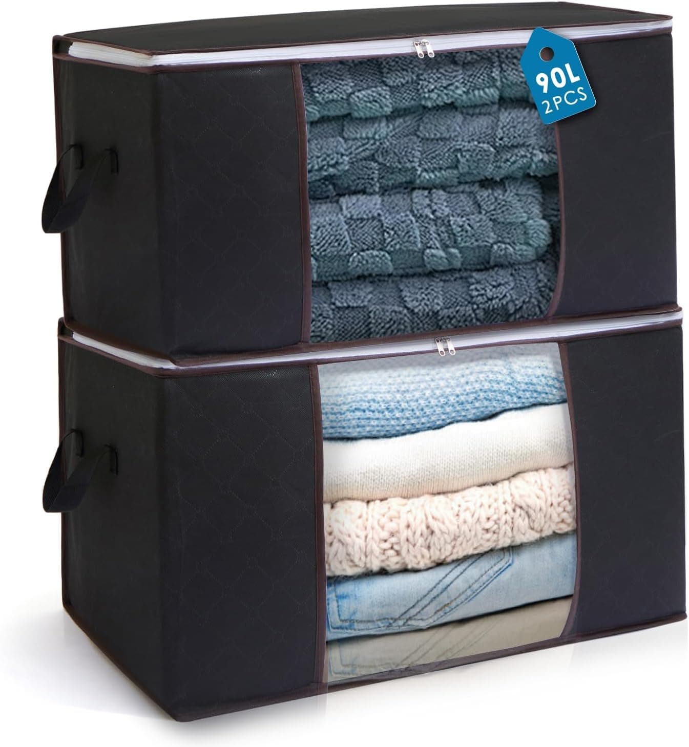 AIOR 2pcs Bolsa de Almacenamiento de Ropa Plegable, 90L Grandes Cajas de Almacenaje Ropa con Mango Reforzado, No-Tejida Organizador Guardar para Edredones Mantas, 60x40x35cm (Negro)