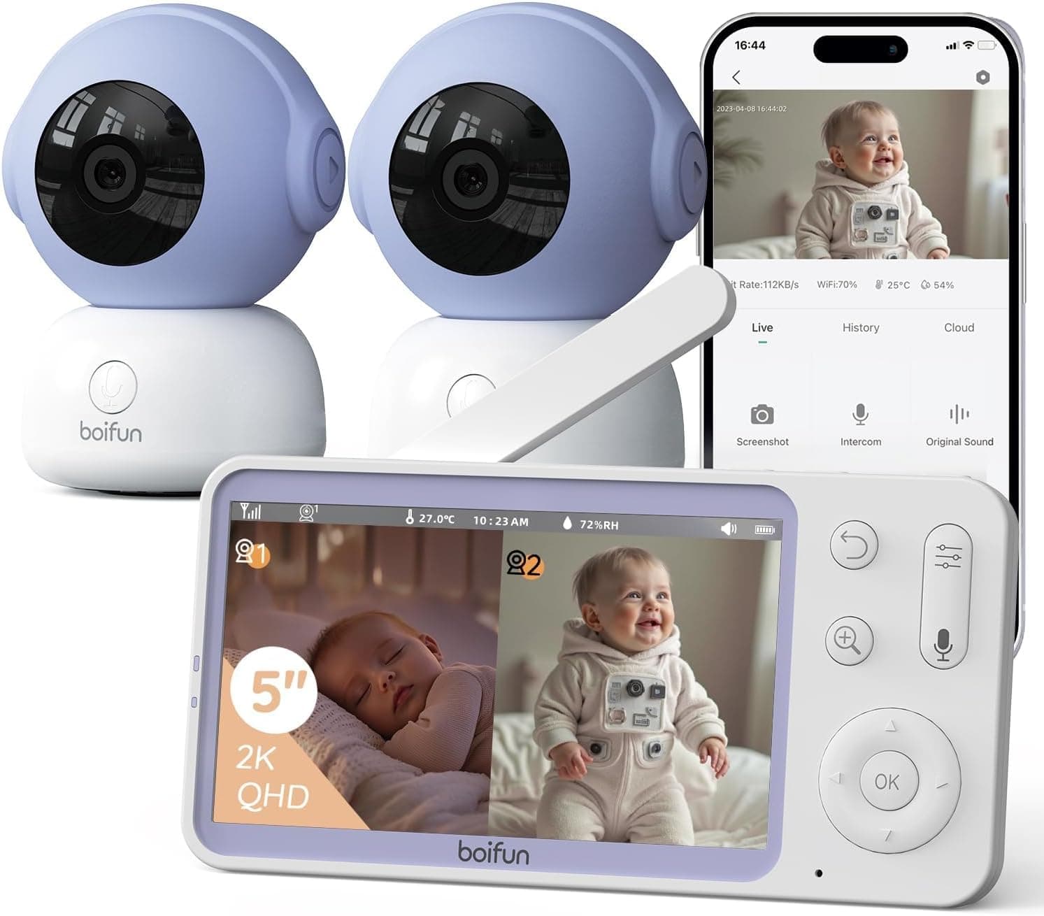 BOIFUN 5" Vigilabebes con 2 Camara 2K (3MP) con 2,4 GHz WiFi y App Móvil