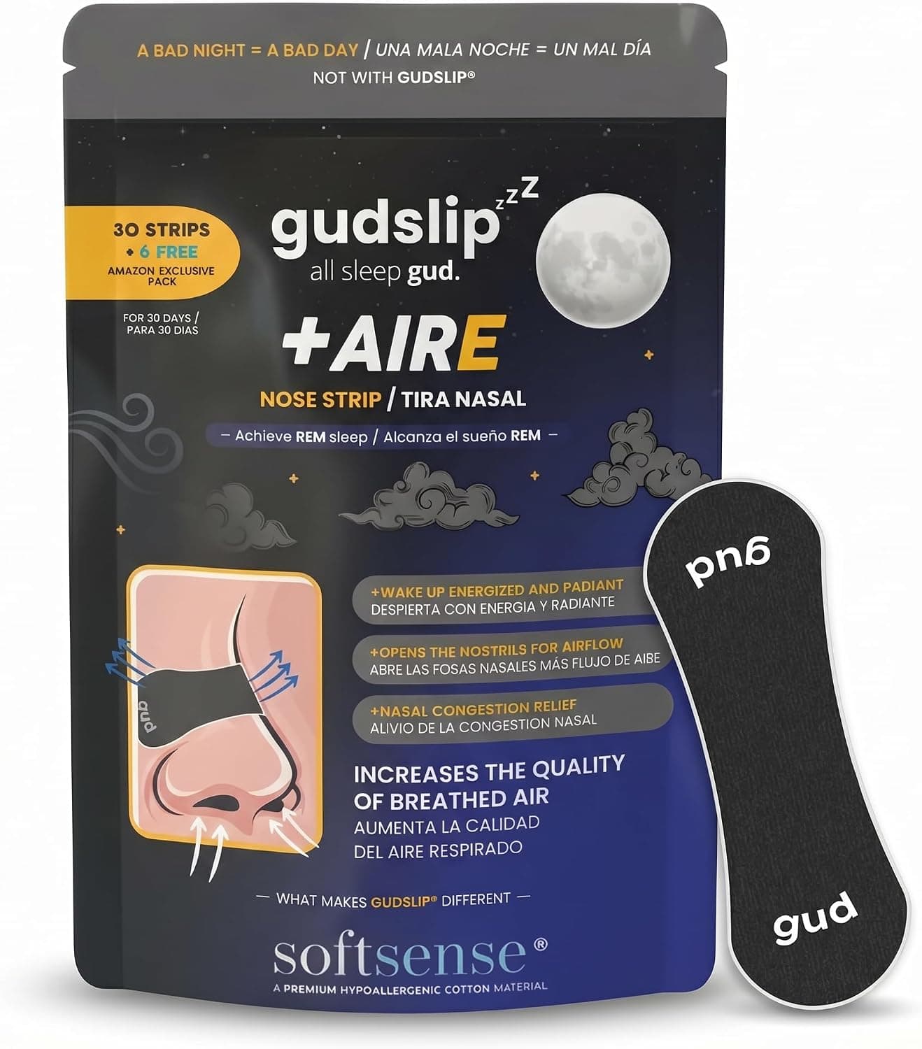 GudSlip® Tiras Nasales para Dormir Antirronquidos (30+6) - Respira Mejor, Reduce Ronquidos y Mejora tu Sueño - Ultra Cómodas, Hipoalergénicas y de Alta Adherencia