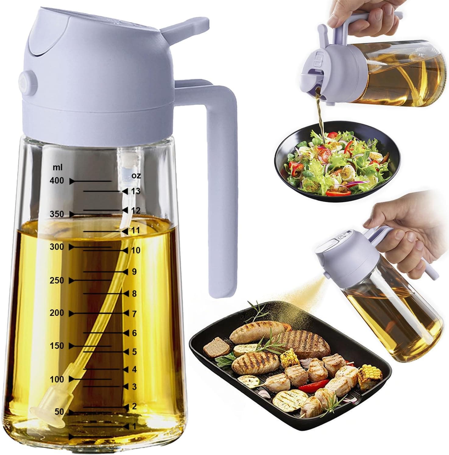 TrendPlain Pulverizador Aceite Spray 470ml - 2 en 1 Spray Aceite Cocina, Dispensadora para Freidora de Aire, Ensaladas, Vinagre y Accesorios Cocina (1 unidad, Lila)