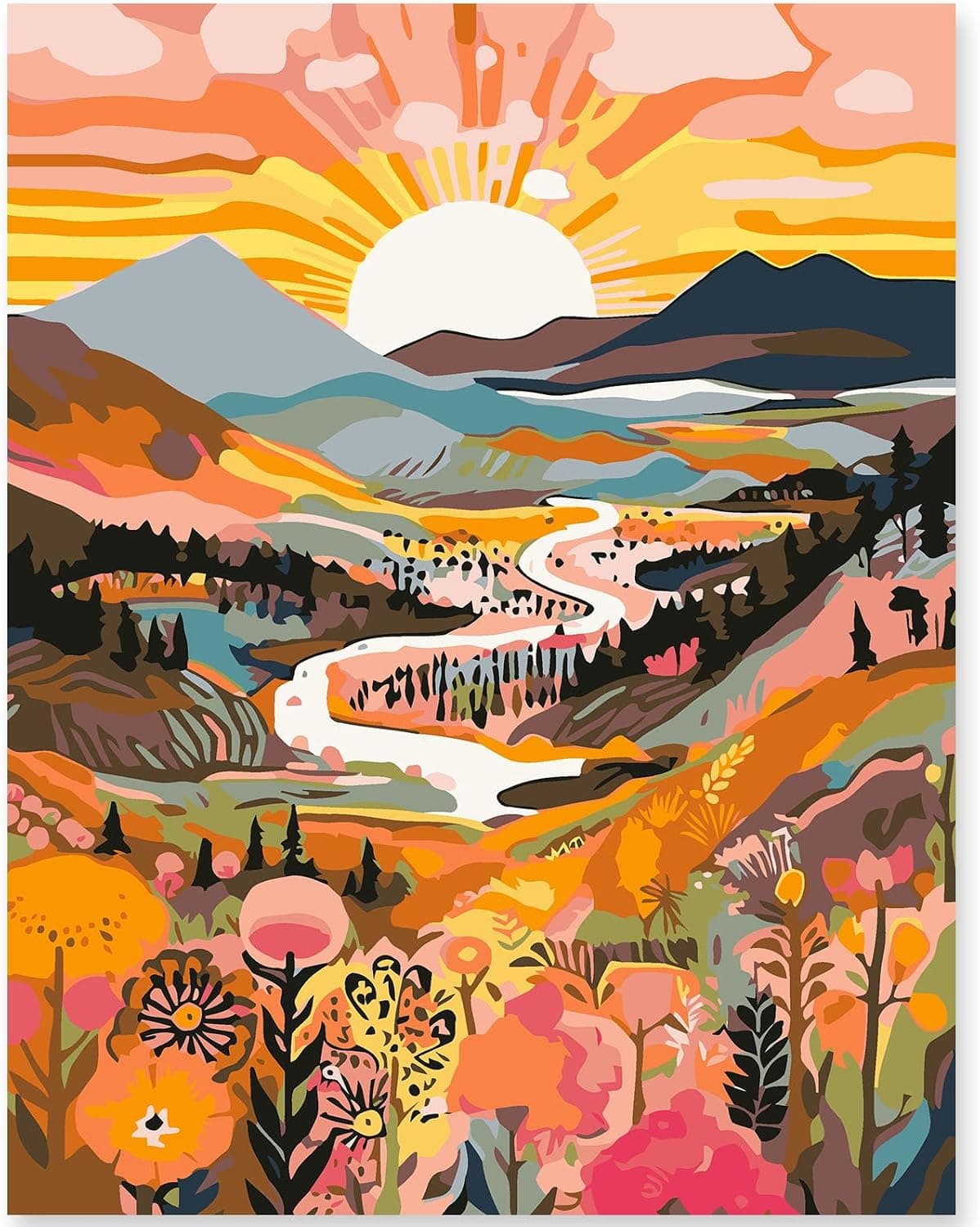 EFOTIML Paint by Numbers Kit para adultos principiantes y niños Edades 8-12, 1pcs 16x20 Canva para kits de pintura para adultos en caja colorida (sin marco) - Sunrise Mountains Rivers