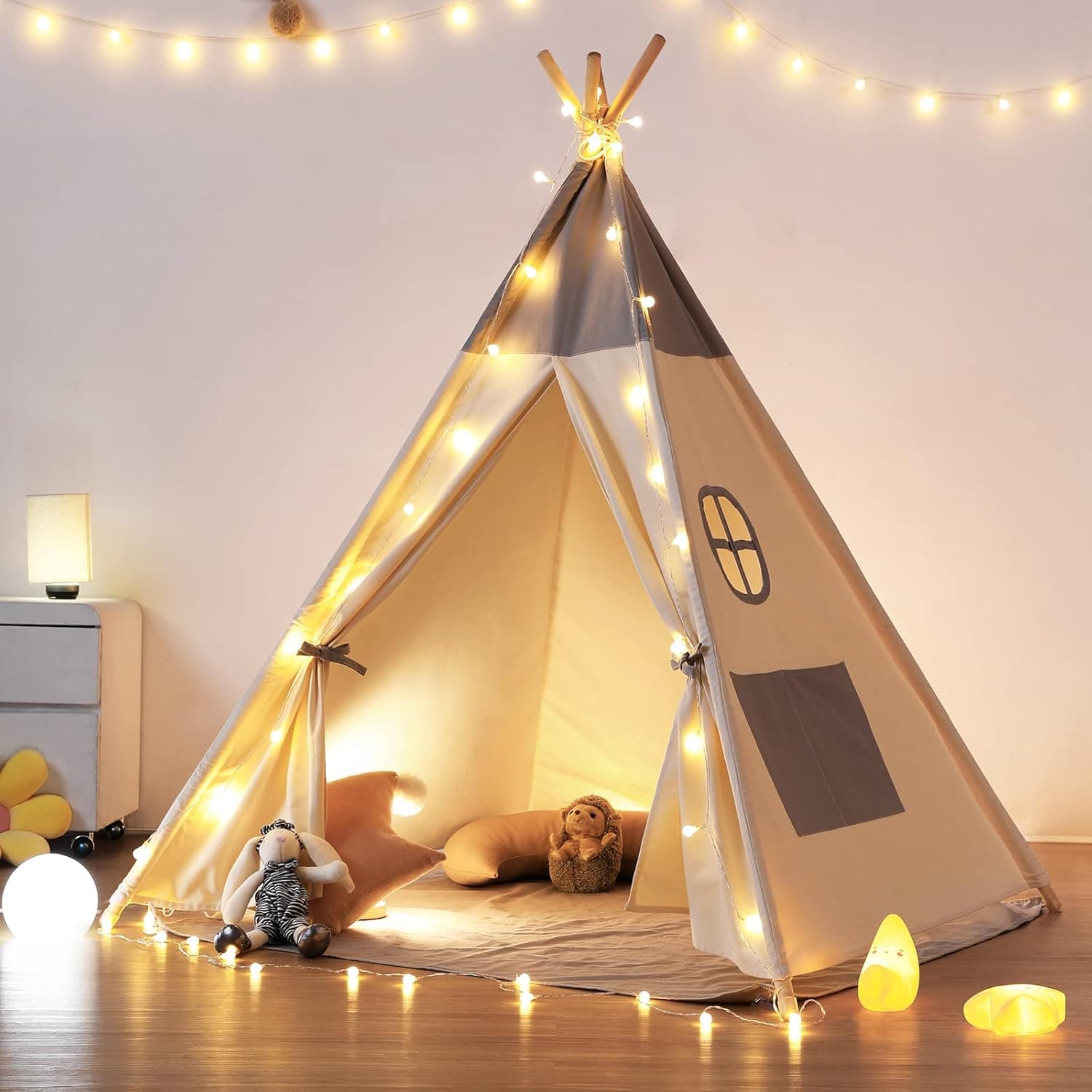 besrey Tipi Indio para Niños Tienda de Campaña Infantil Canvas Tipi algodón con Alfombra + Luces