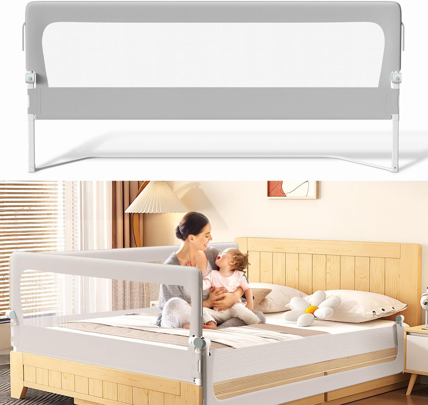 Barrera de Cama para Niños 200 cm, Barandilla de Seguridad Abatible 180° con Altura Regulable 72-86 cm, Protección Anticaídas con Malla Transpirable, Gris