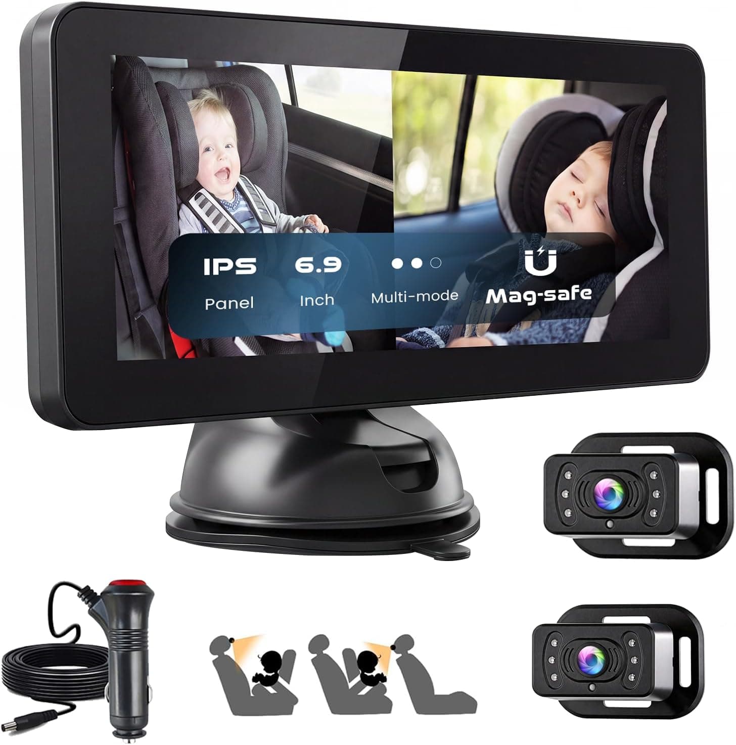 Cámara Bebé Coche Asiento Trasero, Pantalla IPS 6,9", Visión 360°