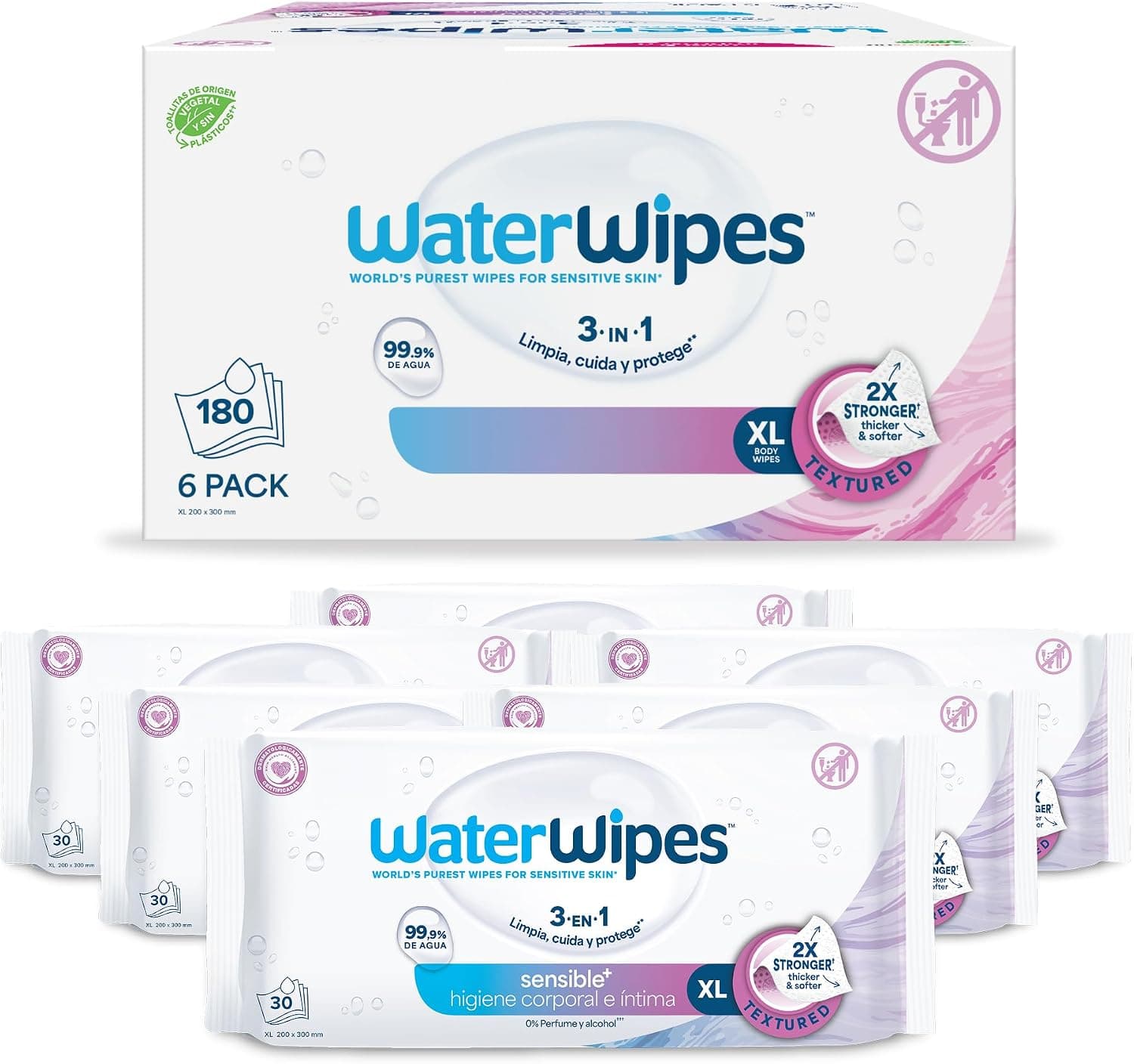 WaterWipes Sensitive+ Body & Intimate XL Wipes, 99,9% de agua, sin perfume