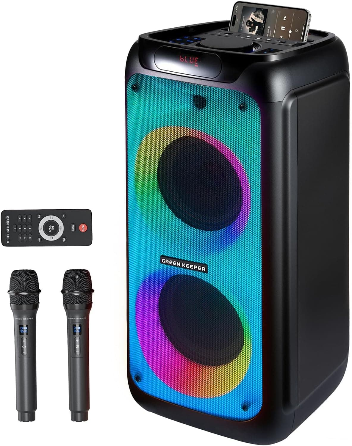 GKD80 Karaoke para Adultos con 2 Micrófonos UHF Inalámbricos, Altavoz Bluetooth de 600 W con Dos Subwoofers de 8", Altavoz Portátil con Control Remoto y Ruedas, para Eventos al Aire Libre y Fiestas