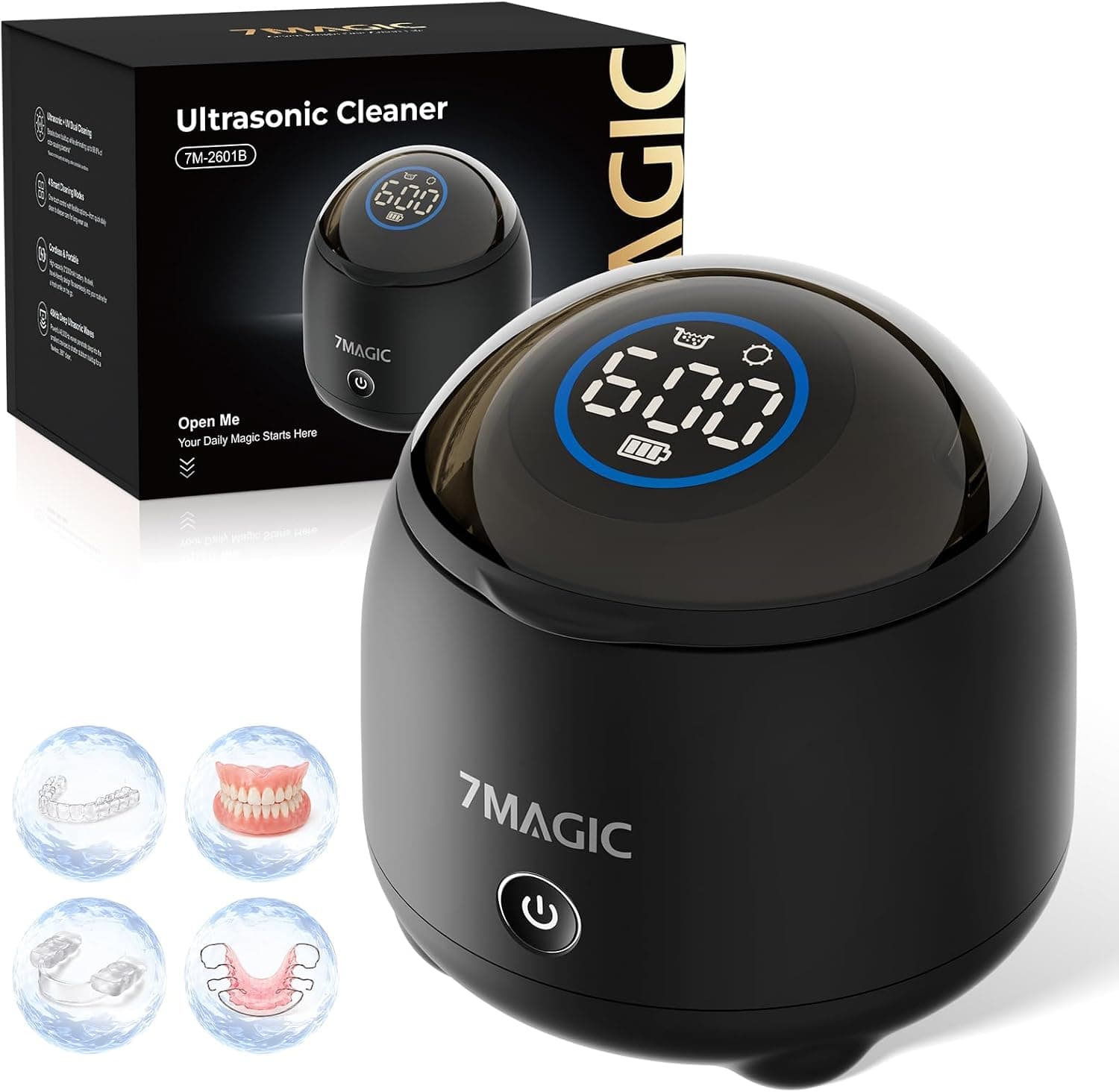 7MAGIC Limpiador ultrasonidos sin cable para férula, 48 kHz, Negro