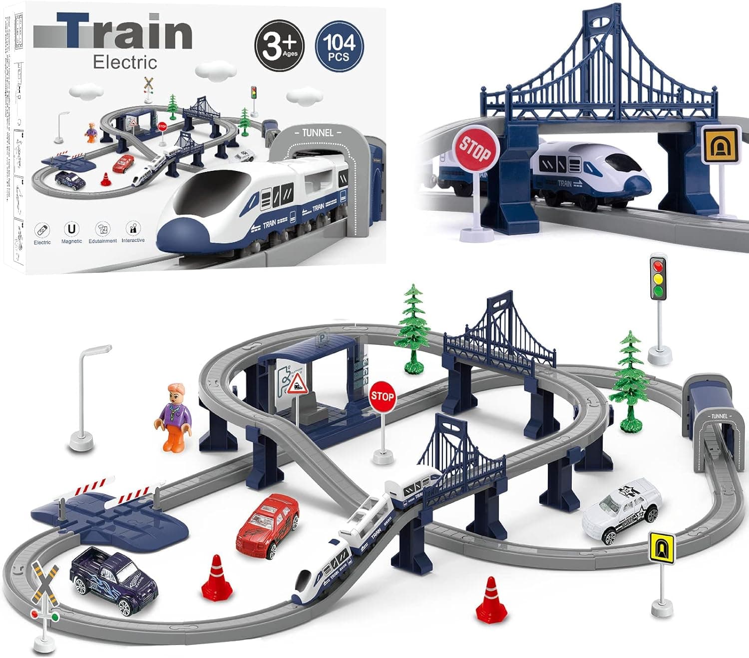 Wdmiya Tren Eléctrico para Niños 4 5 6 7 8 Años, Juego de Tren 104 Piezas