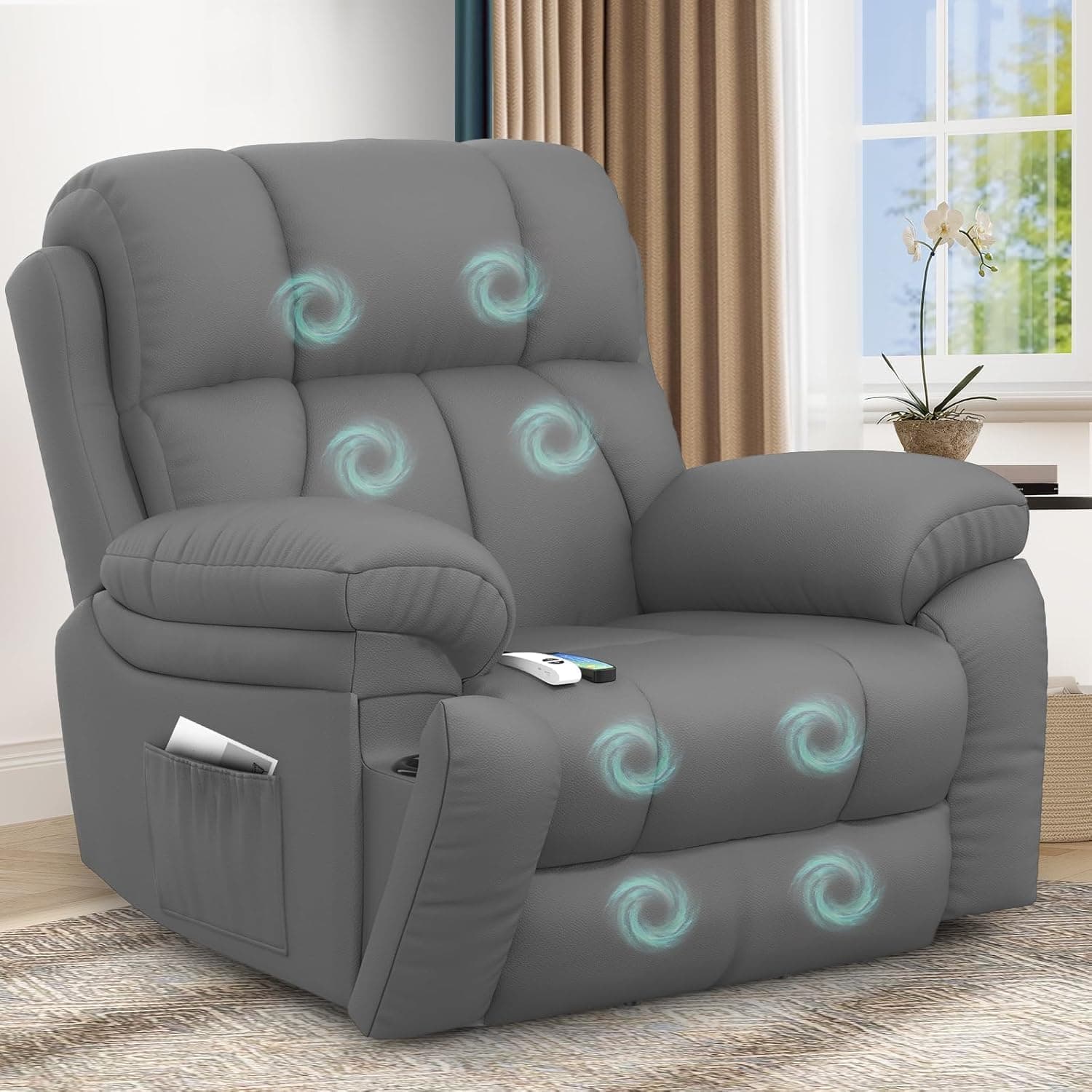 Sillón Relax Reclinable para Personas Mayores, con Masaje y Calor, Reposapiés Extensible, Puertos USB tipo C+, Portavasos Ocultos y dos bolsillos laterales,Reclinable Extragrande tipo Sofá para salón