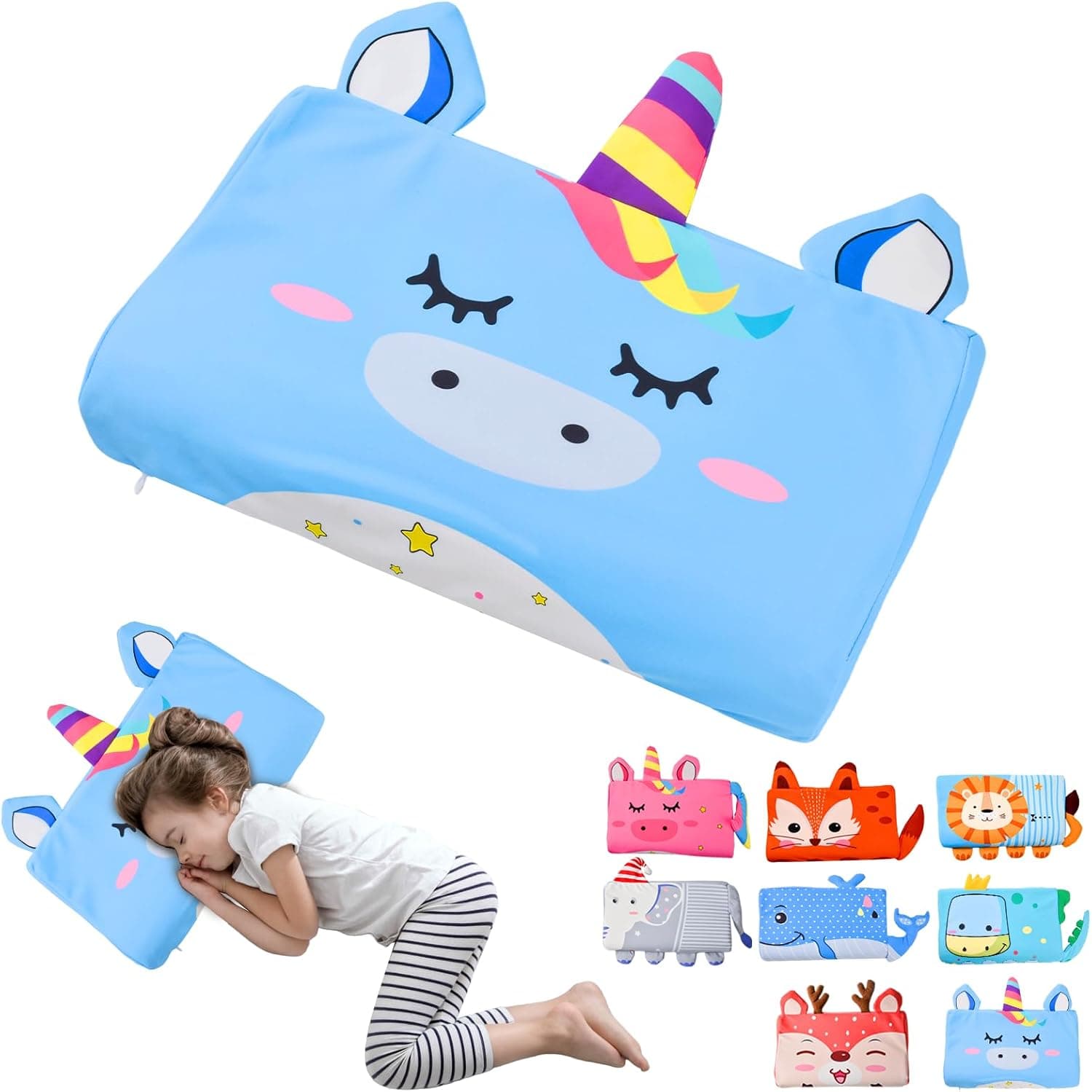 Almohada para Niños, Almohada Bebe, Cojin Bebe con, Almohada Infantil con Funda, Diseño Ergonómico, Transpirable, Hipoalergénico, Ideal para Niños de 3 a 12 Años (Unicornio Azul)