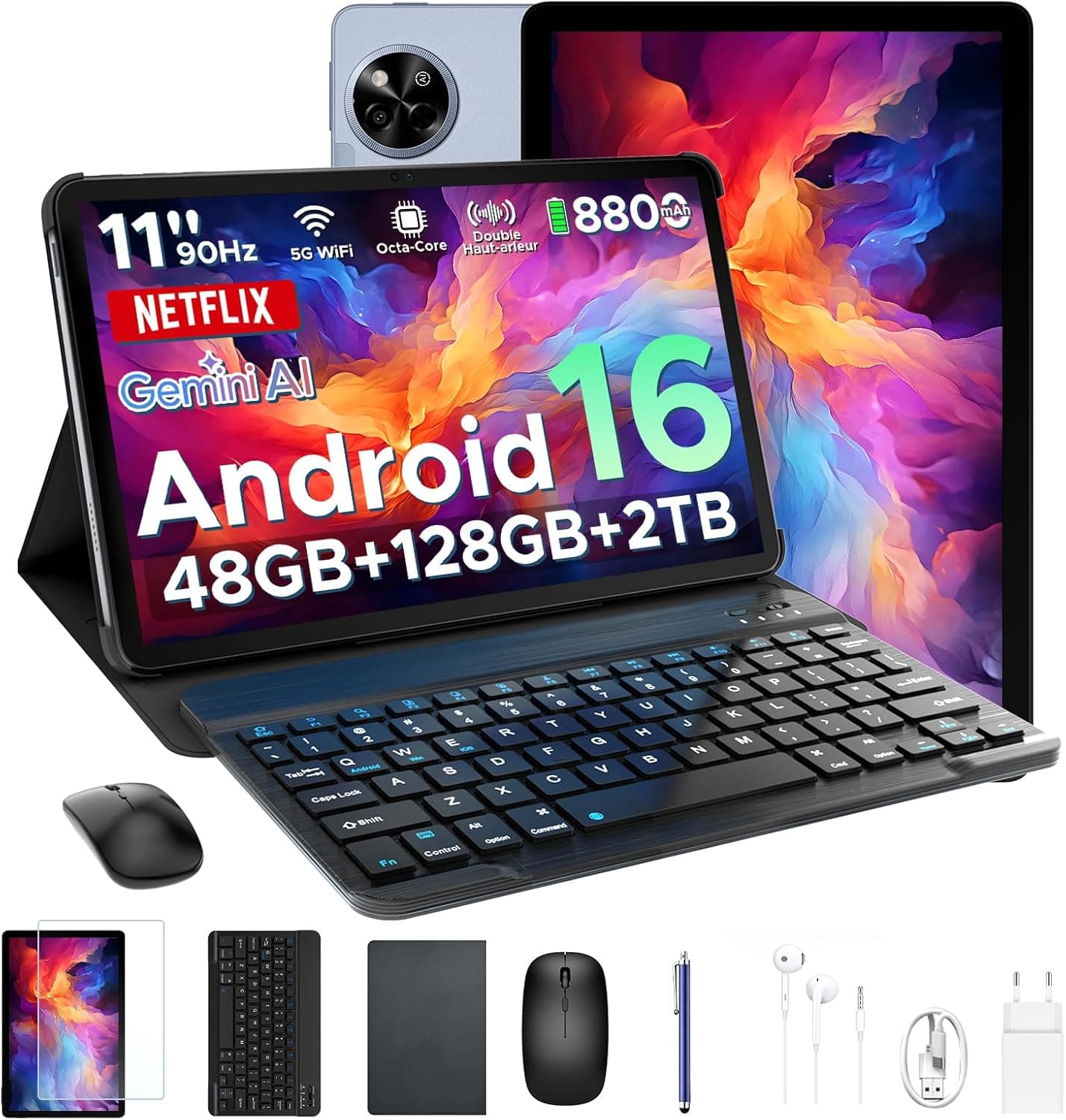P11 Android 16 Tablet 11 Pulgadas, 48GB RAM + 128GB ROM/2TB TF, 90Hz, T7250 Octa-Core, 8800mAh, 13MP+5MP, Gemini AI, Widevine L1, Face ID, GPS, OTG, Doble altavoz, Tablet con Teclado y Lápiz, Gris