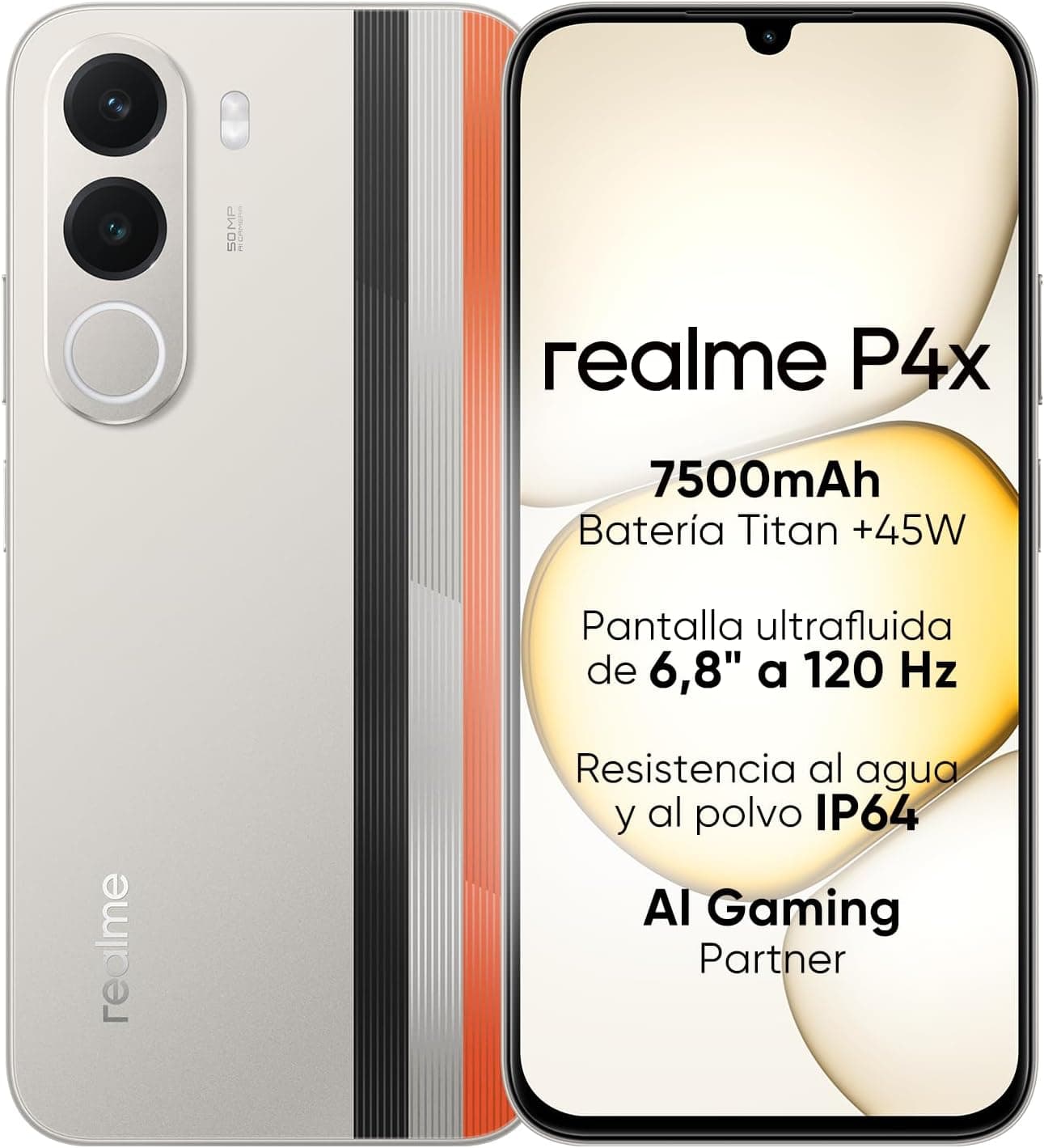 Smartphone realme P4X 4G, 4GB+256GB, Pantalla LCD 120Hz 6,8", Batería Titan 7500mAh, Carga rápida 45W, Carga inversa 6W, Antichoque MIL-STD 810H, IP64, Sistema Next IA, Blanco Rally (Sin Cargador)