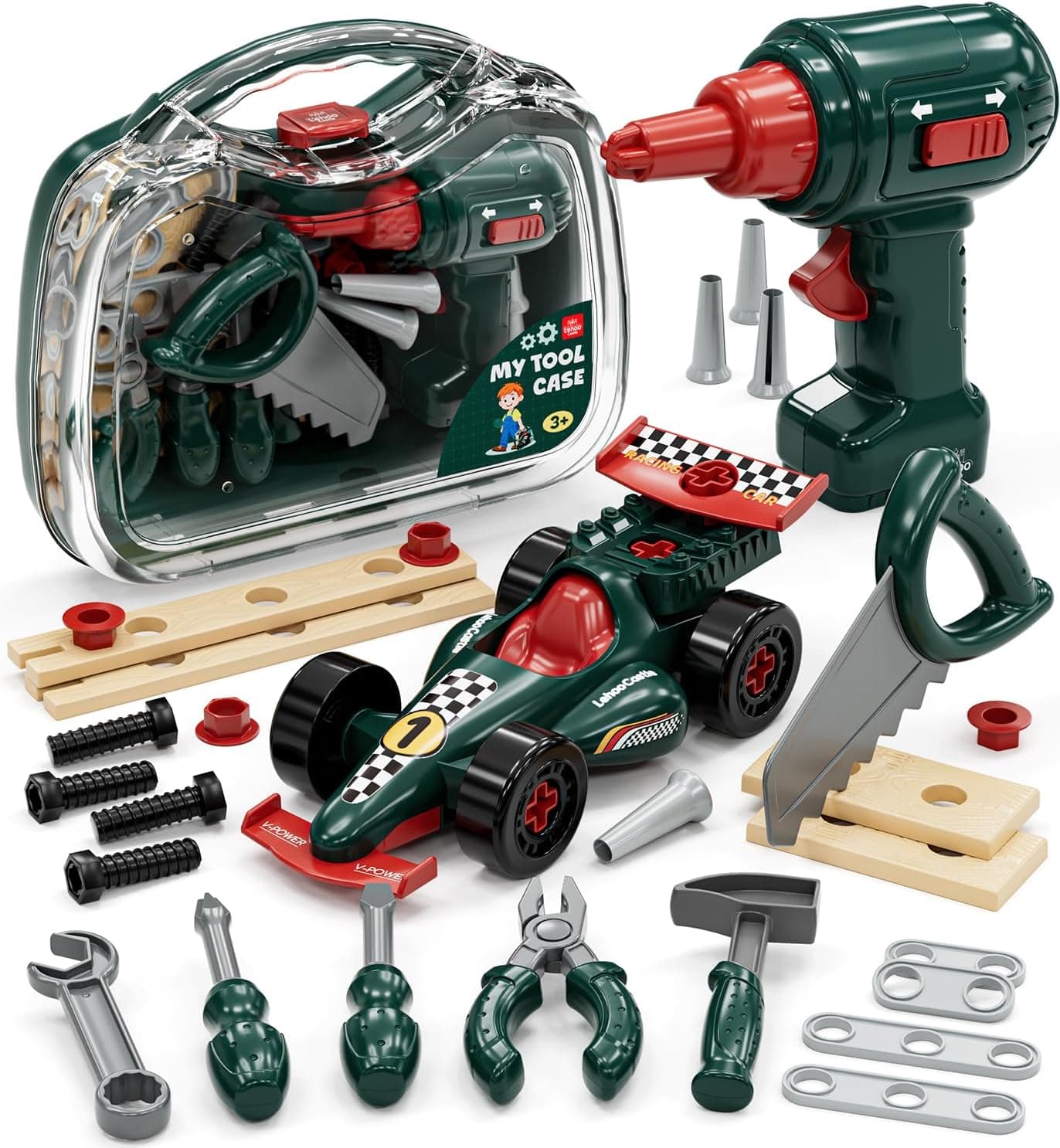 Lehoo Castle Caja Herramientas Juguete para Niños 3 Años, Brinquedos Regalo con Taladro y Coches de Carreras de Juego, Montessori Banco Herramientas Juguete 3 4 5 6 Años