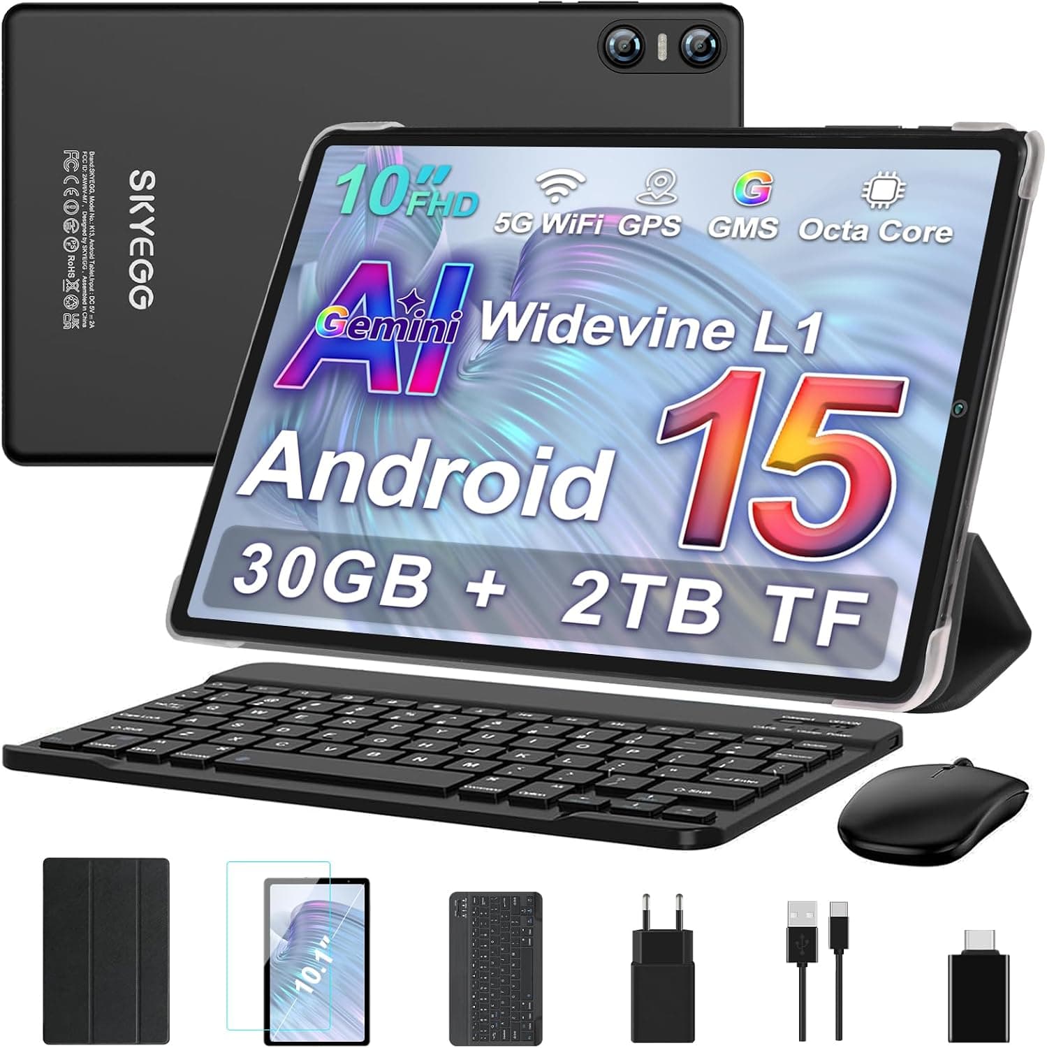 Tablet 10 Pulgadas Android 15 con Gemini AI, 30 GB RAM + Ampliable 2 TB ROM, Octa-Core, Widevine L1, 1280x800 HD, WiFi 5GHz, BT 5.0, Cámara 8 MP + 5 MP, 6000 mAh, con Teclado, Ratón y Funda – Negro