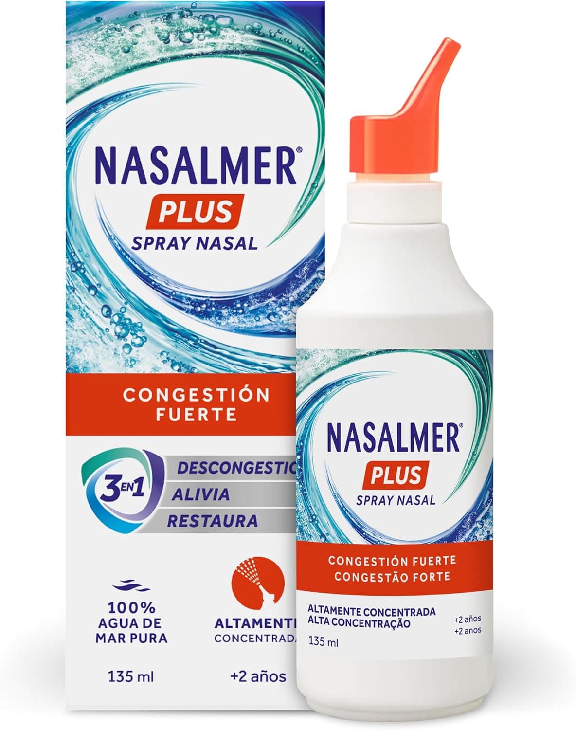 Nasalmer Plus Spray, Alivio Congestión y Nariz Tapada, +2 años, 135 ml