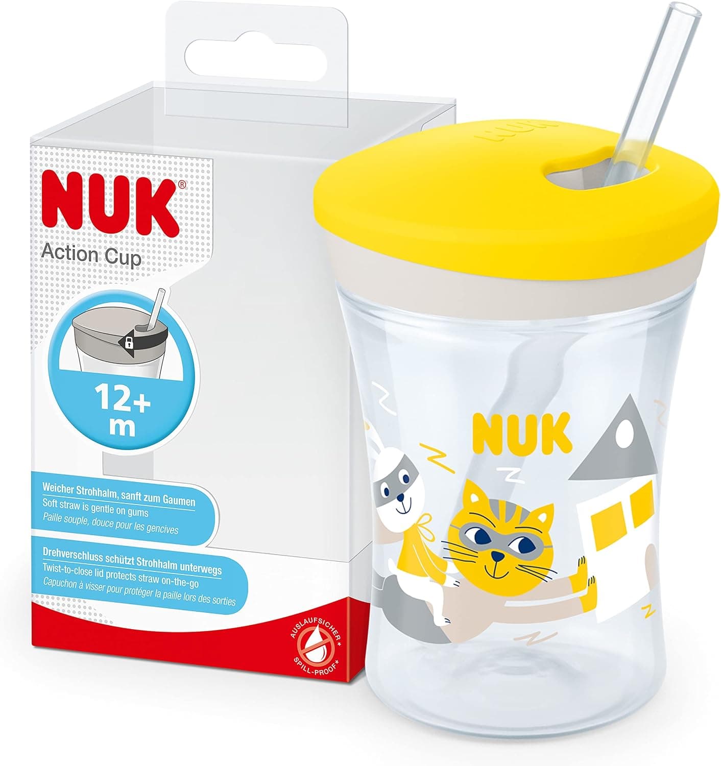 NUK Action Cup taza para niños | +12 meses | Pajita blanda de accionamiento por giro | A prueba de fugas | Sin BPA | 230 ml | Gato (amarilla) | 1 unidad