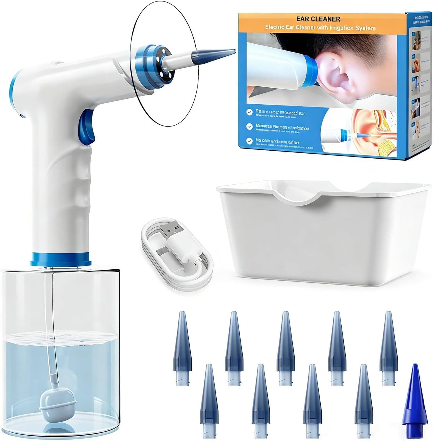 KAUGIC Limpiador Eléctrico de Oídos – 4 Modos de Limpieza (Normal, Suave, Pulsos e Intensivo), 10 Boquillas, Recargable – Para Adultos, Azul y Blanco