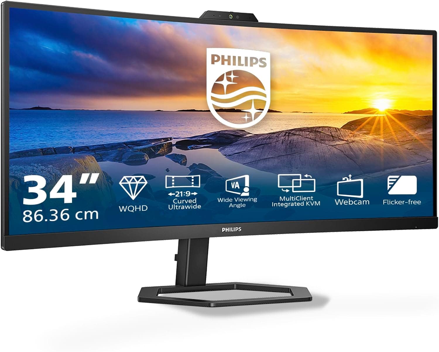 Philips 34E1C5600AM - Monitor Curvo WQHD de 34 Pulgadas, Webcam, Altura Regulable, Altavoz (3440x1440, 100Hz, HDMI, DisplayPort, USB-C, USB Hub) Negro