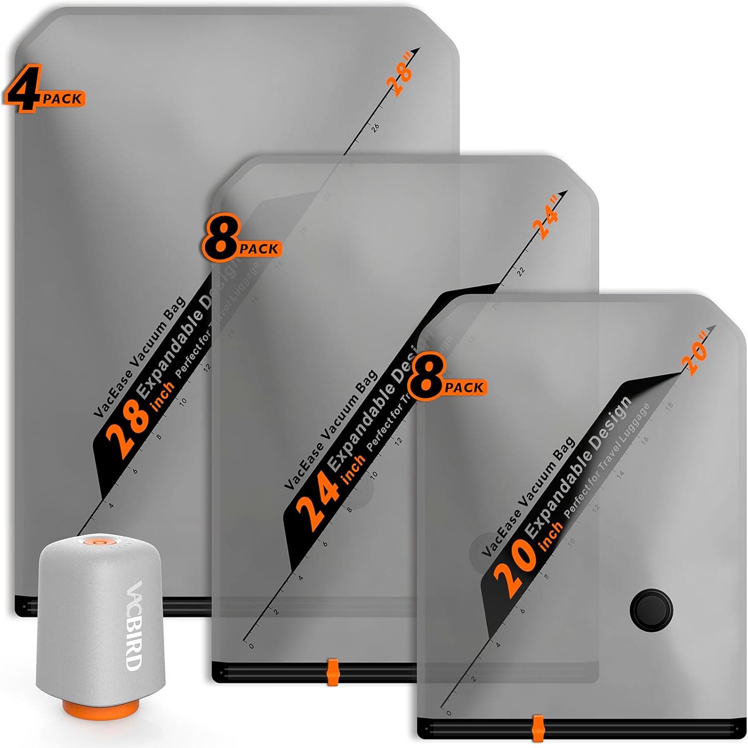 Vacbird Bolsas Vacio Ropa con Bomba de Vacío Eléctrica Inalámbrica, 20 Bolsas de Vacío para Ropa (8 x 40x54cm, 8 x 47x64cm, 4 x 54x74cm), Especialmente Diseñadas para Viajes y Organización de Maletas