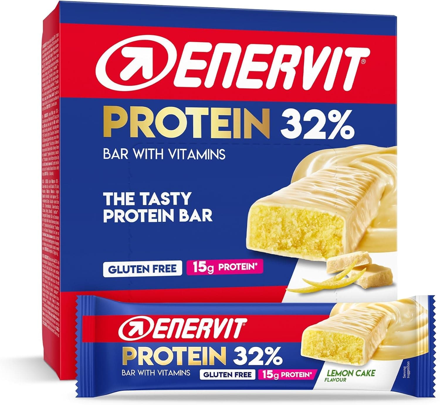 Enervit, Barrita Proteica 32% Lemon Cake, Barritas Proteicas Enervit, 12 g de Proteínas, Barritas con Vitamina D y Vitamina B6, Sabor a Tarta de Limón, Sin Gluten, 12 x 45g Barritas
