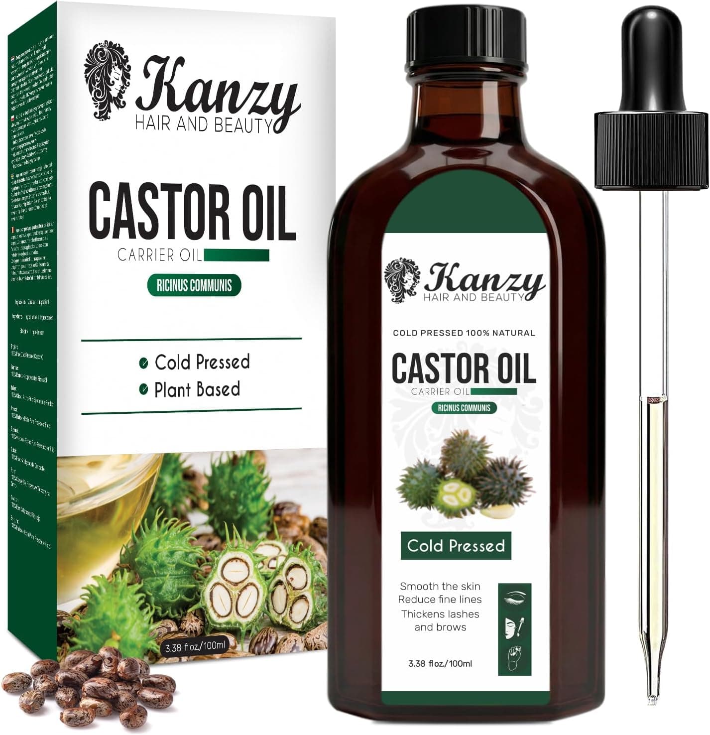 Kanzy Aceite de Ricino para Pestañas y Cejas 100ml Aceite de Ricino para Cabello, Barba, Uñas, Cuerpo y el Rostro Prensado en Frío, Ideal Aceite Pelo Crecimiento Cabello Castor Oil con Cepillos