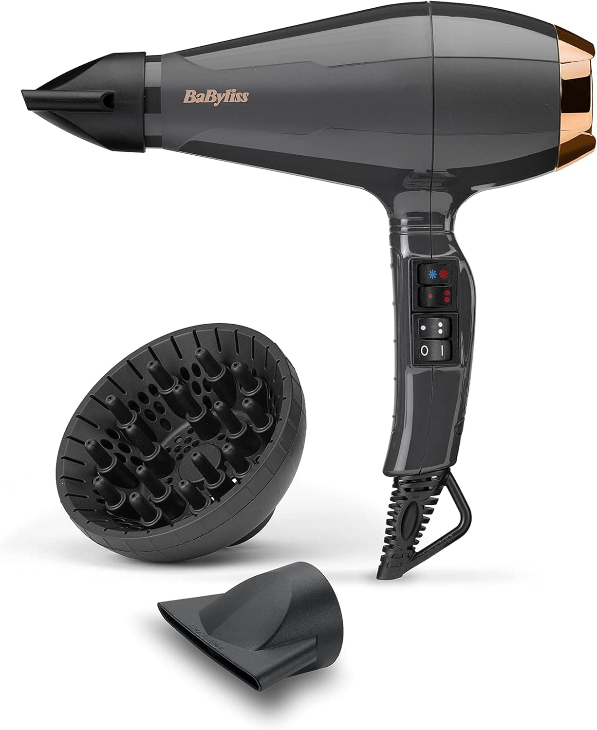 BaByliss Secador de pelo Italian Air Pro con Difusor - Motor AC Profesional, Alta potencia 2200 W, Tecnología iónica antiencrespamiento, 2 temperaturas y 2 velocidades, Made In Italy, Negro, 6719DE