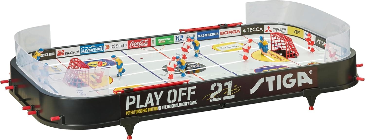 STIGA Play Off 21 Juego de Hockey sobre Hielo - Versión Actualizada con Peter Foppa Forsberg, Fácil Montaje, Lámina de Hielo 25% Más Gruesa, Contador de Goles y Discos Personalizados, 96x50 cm