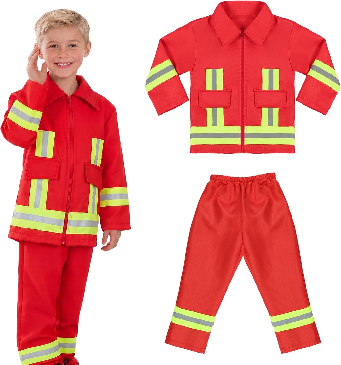 Disfraz de Bombero para Niños, 3 pcs Traje de Bombero Infantil con Sombrero, Juego de rol de Bombero para Disfraces, Educación sobre Simulacros de Incendio, Navidad