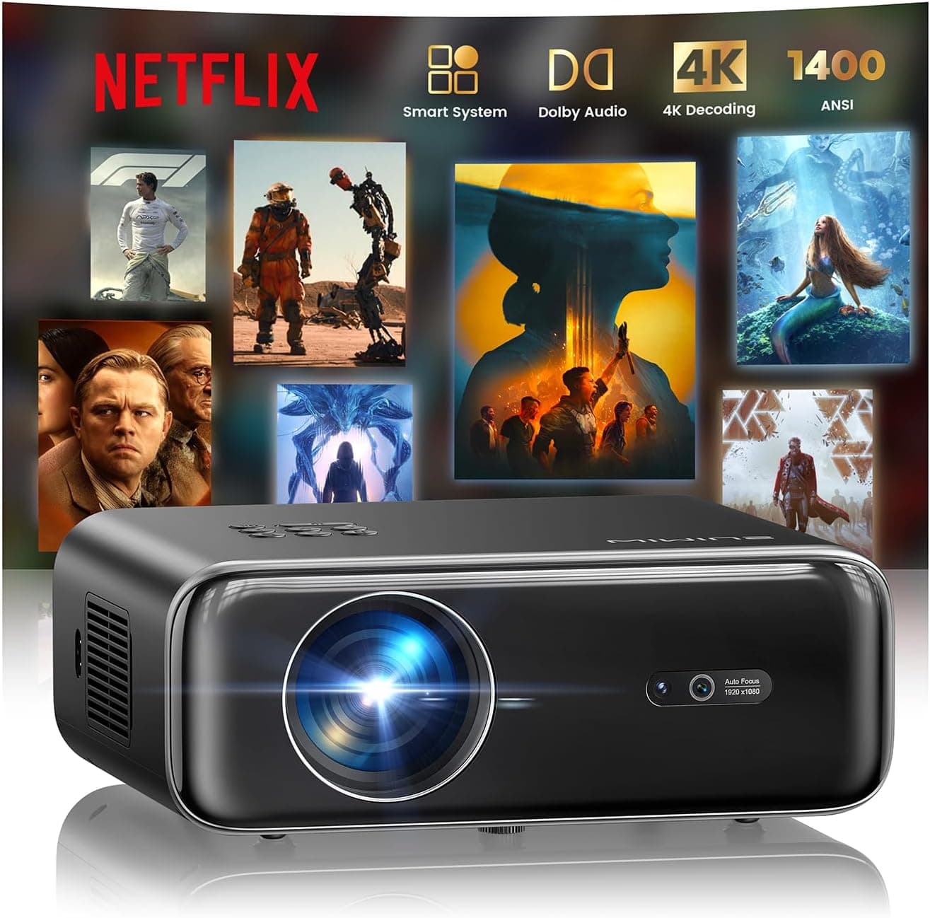 Proyector 4K【1400 ANSI/Netflix Incluido/Dolby】 Smart Proyector 4K Portátil Auto Focus/Keystone WiFi Bluetooth FHD 1080P, HDR10, Proyectors WiFi6 Exterior Zoom 50% para Cine en Casa/PPT Doble HDMI/USB
