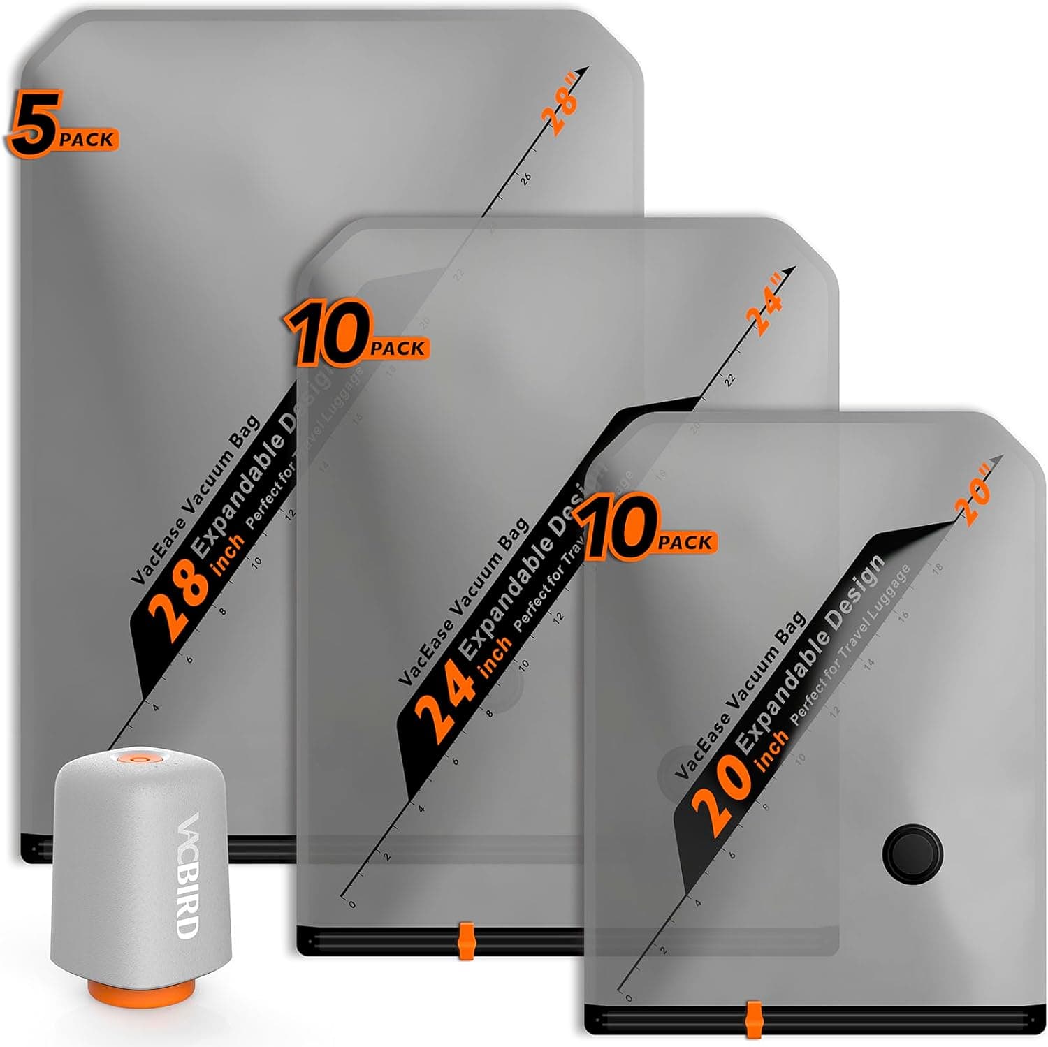 Vacbird Bolsas Vacio Ropa con Bomba de Vacío Eléctrica Inalámbrica, 25 Piezas (10 x 40x54cm, 10 x 47x64cm, 5 x 54x74cm), Especialmente Diseñadas para Viajes y Organización de Maletas
