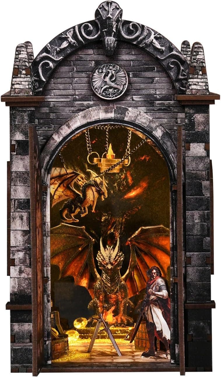Book Nook Kit-Reino Oculto del Dragón- DIY Miniatur Kit Buchstütze 3D Holzpuzzle mit Staubschutzhülle für Bastelenthusiasten,Weihnachten Geburtstag Geschenke