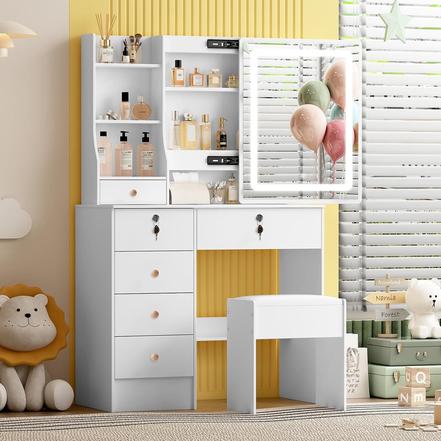 Tocador con Espejo de iluminación y Taburete, 3 Colores Ajustables, Mesa cosmética con 6 cajones y 6 estantes, Mesa de Maquillaje de 80 x 36 x 130 cm para Dormitorio, habitación Infantil