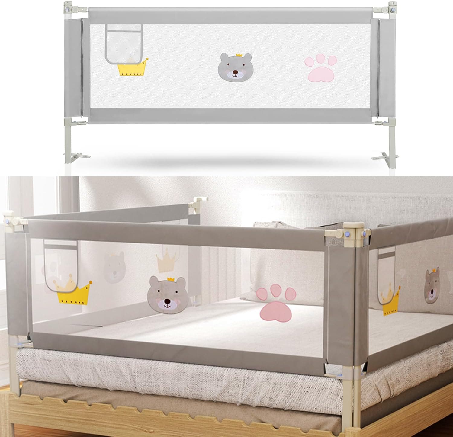 Fiqops Barrera de cama ajustable 150cm Protección contra caídas 70-98cm, Barrera de seguridad para cama de niños y camas de matrimonio, Estable, Gris