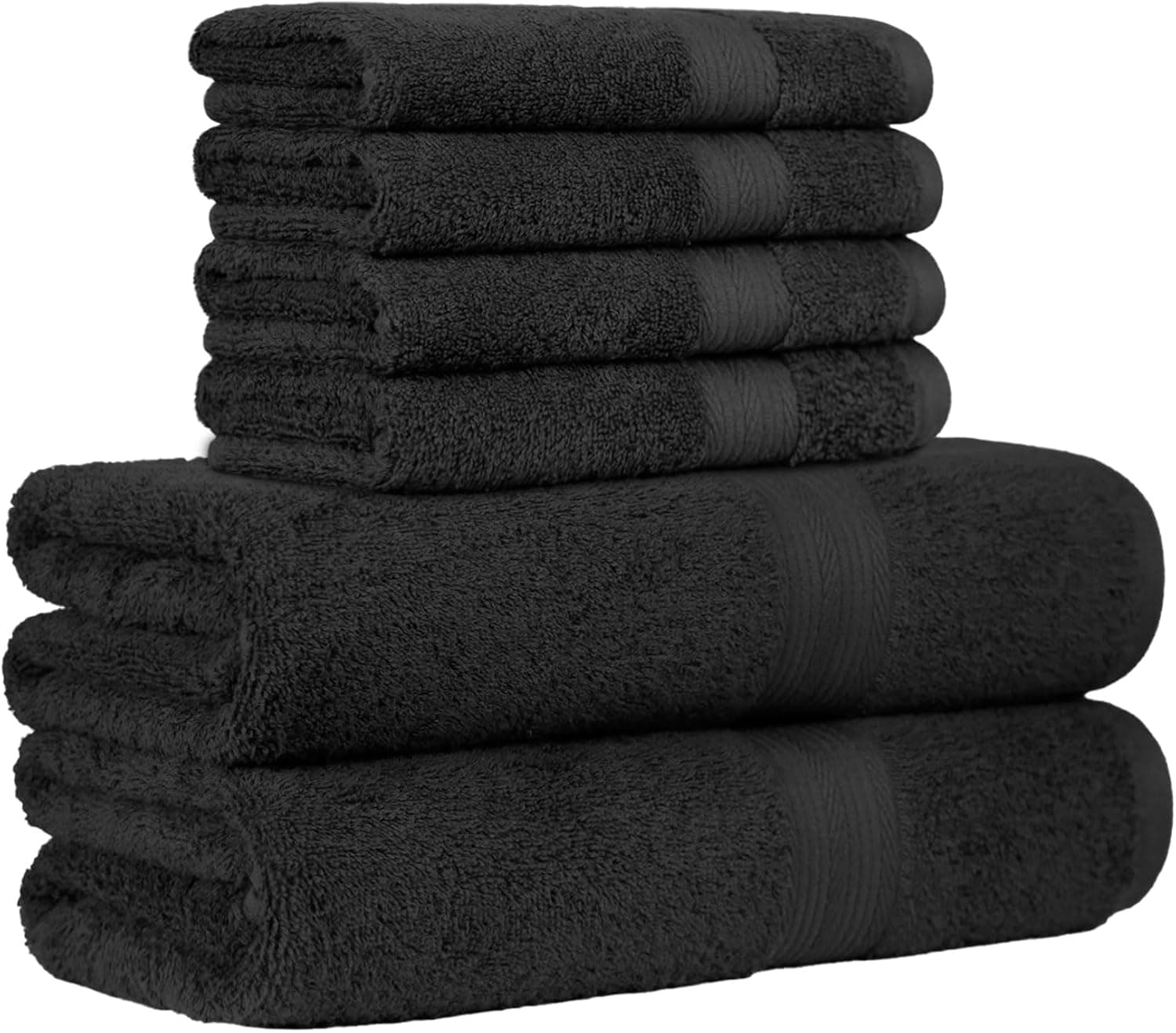 Amazon Basics Juego Toallas Baño Completo 100% Algodón 2 Toallas Baño + 4 Toallas Mano, Negro, Pack 6 Unidades