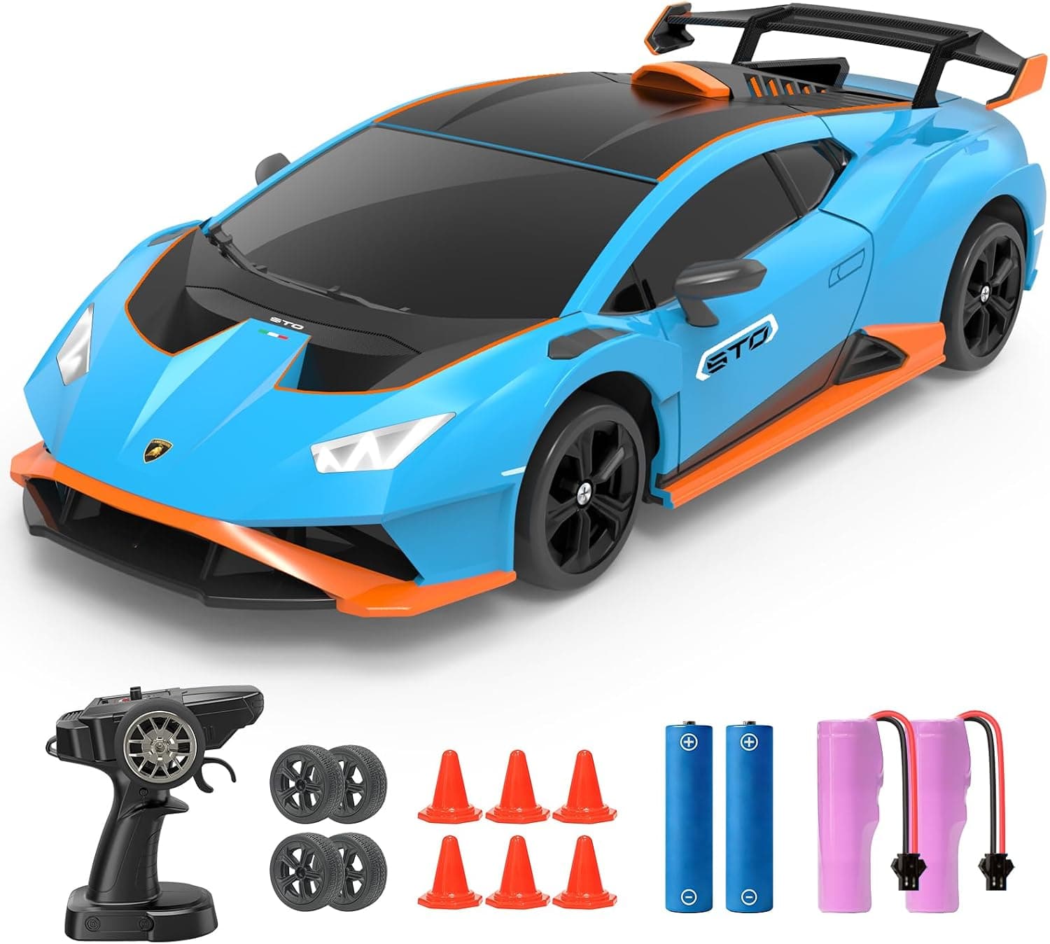 YONCHER Coche Teledirigido, 1:24 20KM/H RC Drift Coche, Lamborghini con Licencia Oficial, 2.4GHz 4WD Drift RC Car con Luces,para Niñas Adultos, Azul
