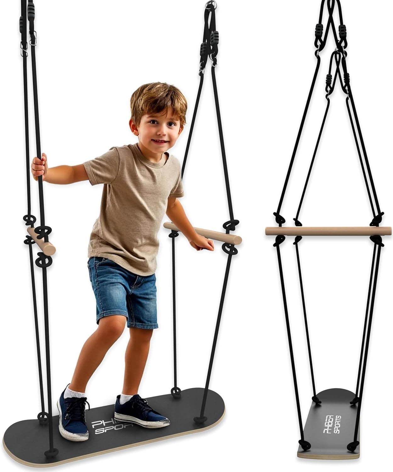 PHIBER-SPORTS columpio de skateboard al aire libre para niños - duradero, resistente al clima, antideslizante, para estar de pie y sentarse - accesorio de columpio de skateboard de madera - columpio