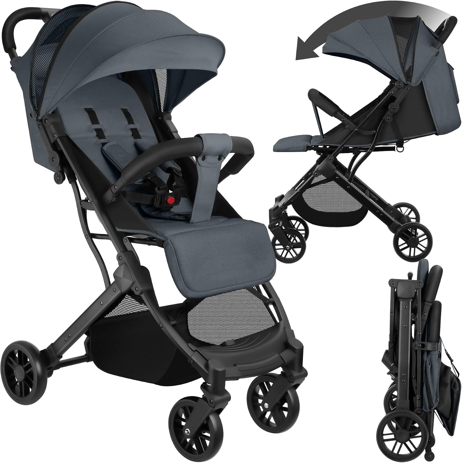 tectake® Carrito de Bebé, Silla de Paseo Plegable, Cochecito Bebés de 0-36 Meses, Arnés de 5 Puntos, Respaldo y Reposapiés Ajustables, Carro de Bebé Compacto, Protección Solar UV - antracita