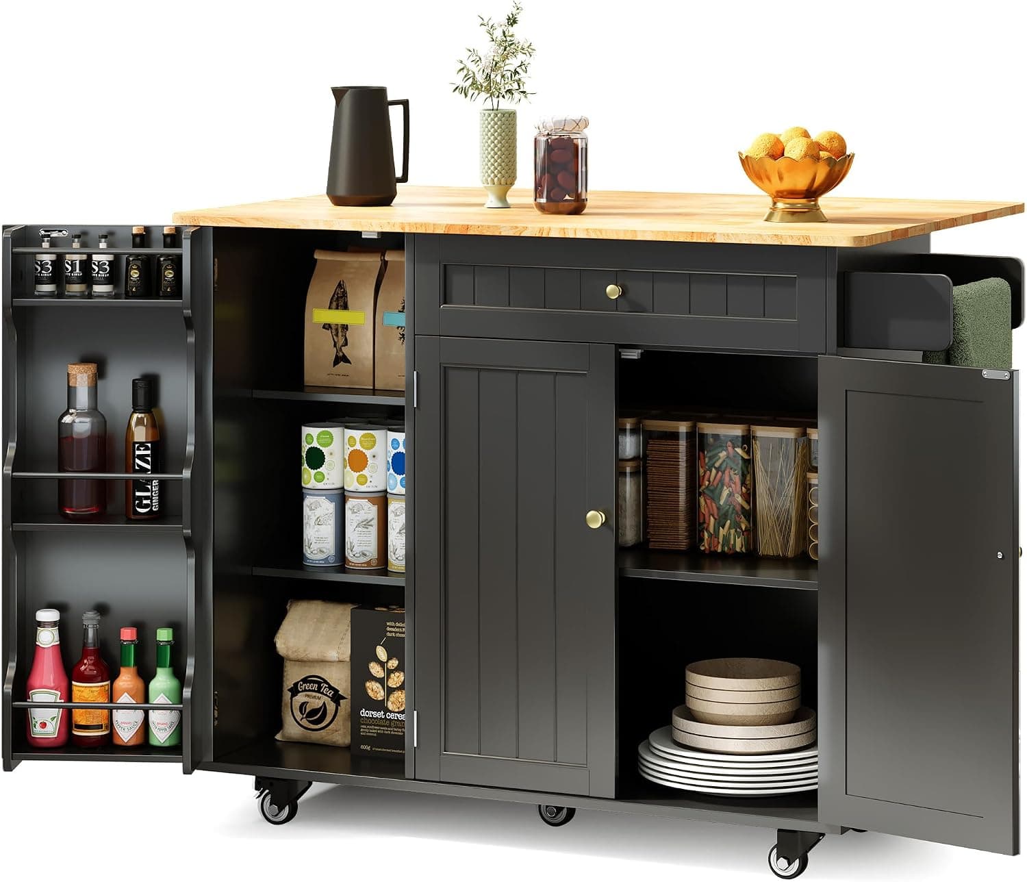 Xbro Isla de Cocina con Tablero Plegable y Ruedas, Carrito de Cocina con 5 Ruedas con Estante y 1 Cajón Mueble Auxiliar de Cocina para Cocina y Comedor, 130 × 75 × 88 cm, Negro