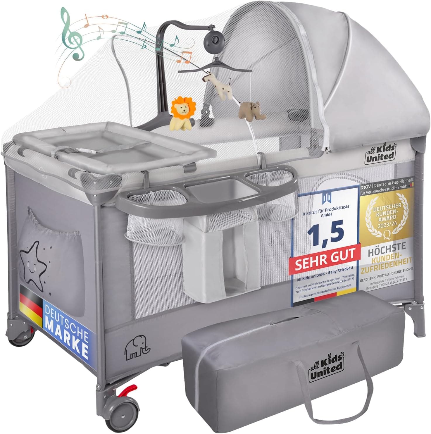 all Kids United® Cuna de Viaje con Cambiador y Móvil - Plegable, 10 kg
