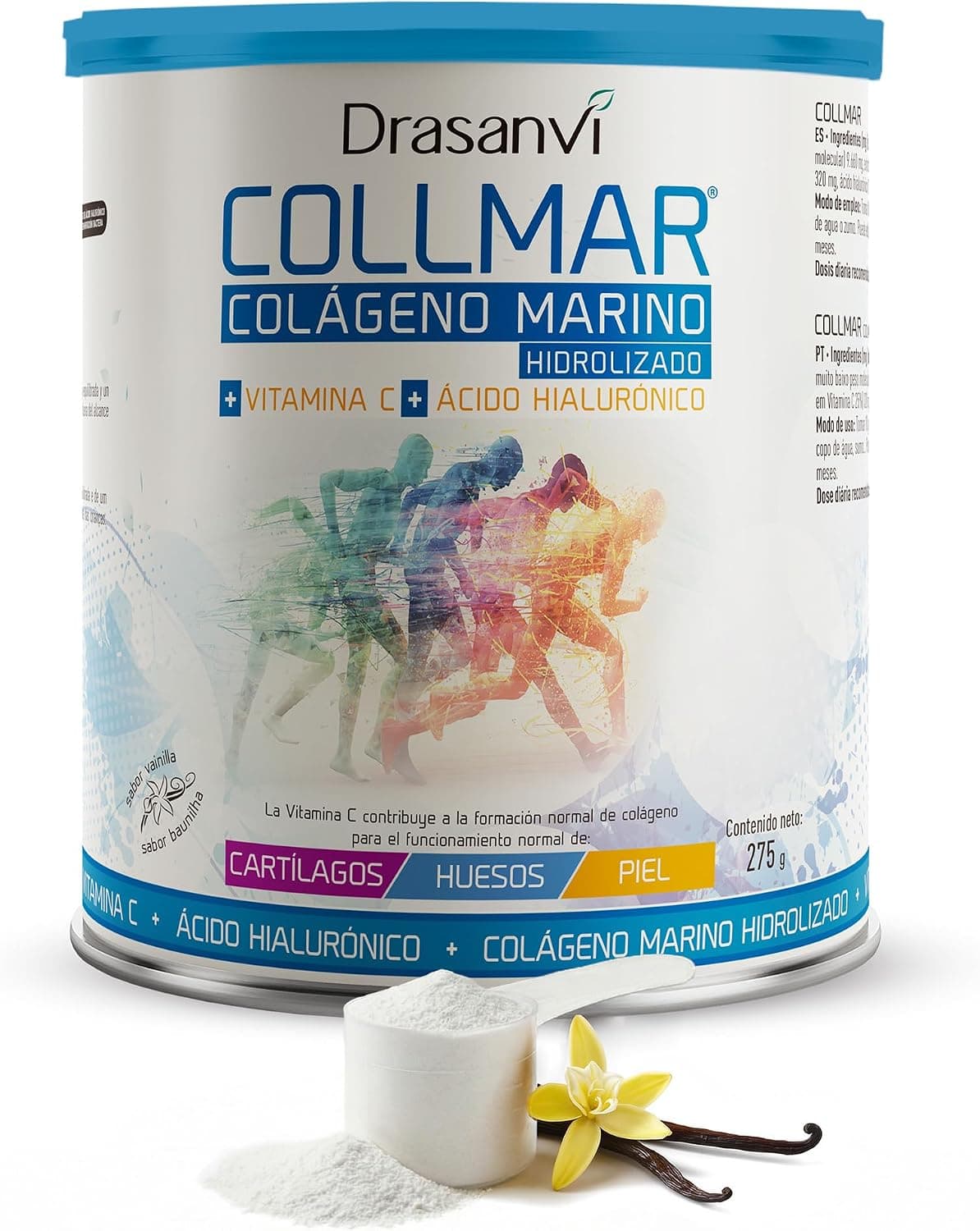 Drasanvi COLLMAR Colágeno Marino Hidrolizado con Ácido Hialurónico, Vitamina C |Sin edulcorantes | Máx. asimilación 9.660 mg/dia | 275g de polvo | Sabor Vainilla
