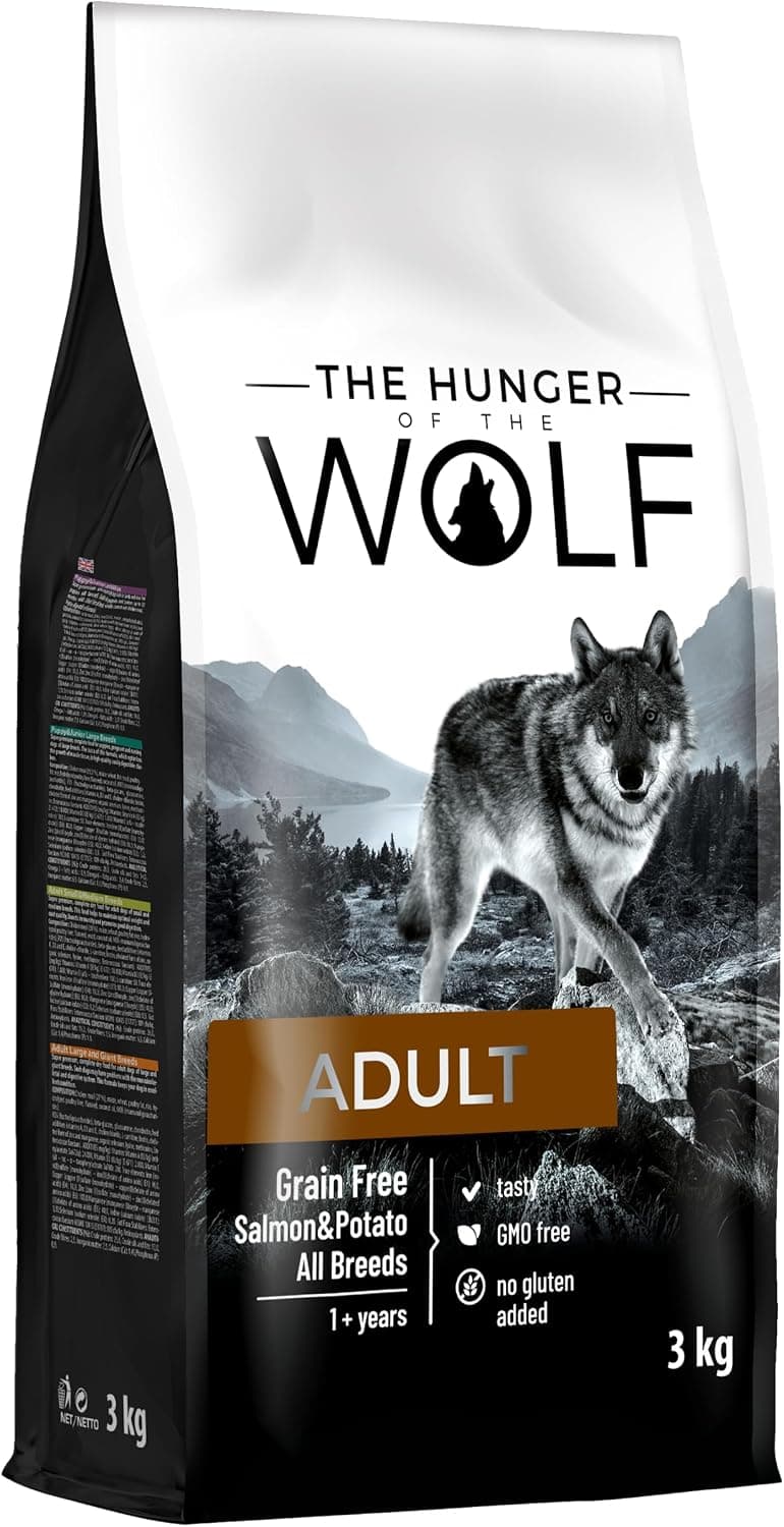 The Hunger of the Wolf Alimento seco para perros adultos y perros alérgicos, fórmula delicada sin cereales con salmón y patatas- 3 kg