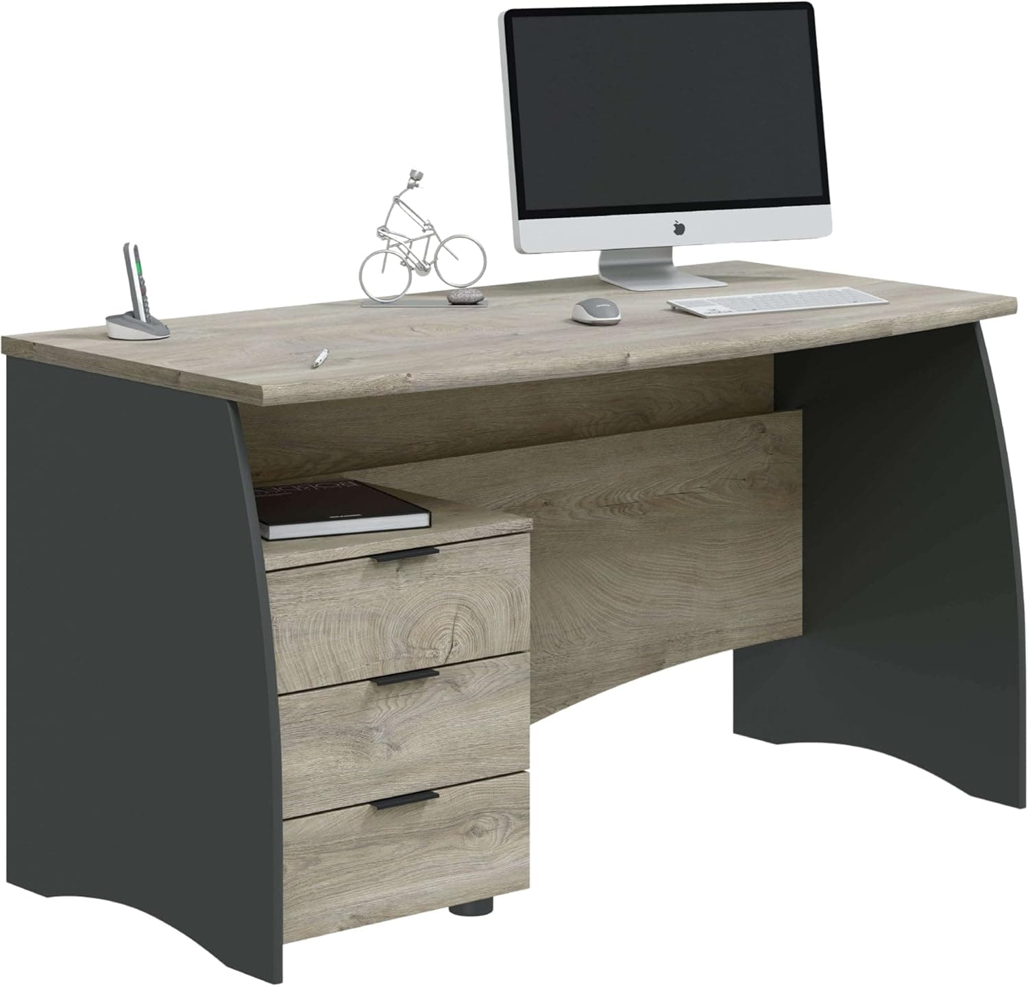 Habitdesign Mesa de Despacho con 3 Cajones, Mesa de Oficina o Estudio, Modelo Stil, Acabado en Gris Antracita y Roble Alaska, Medidas: 136 cm (Ancho) x 67 cm (Fondo) x 74 cm (Alto)