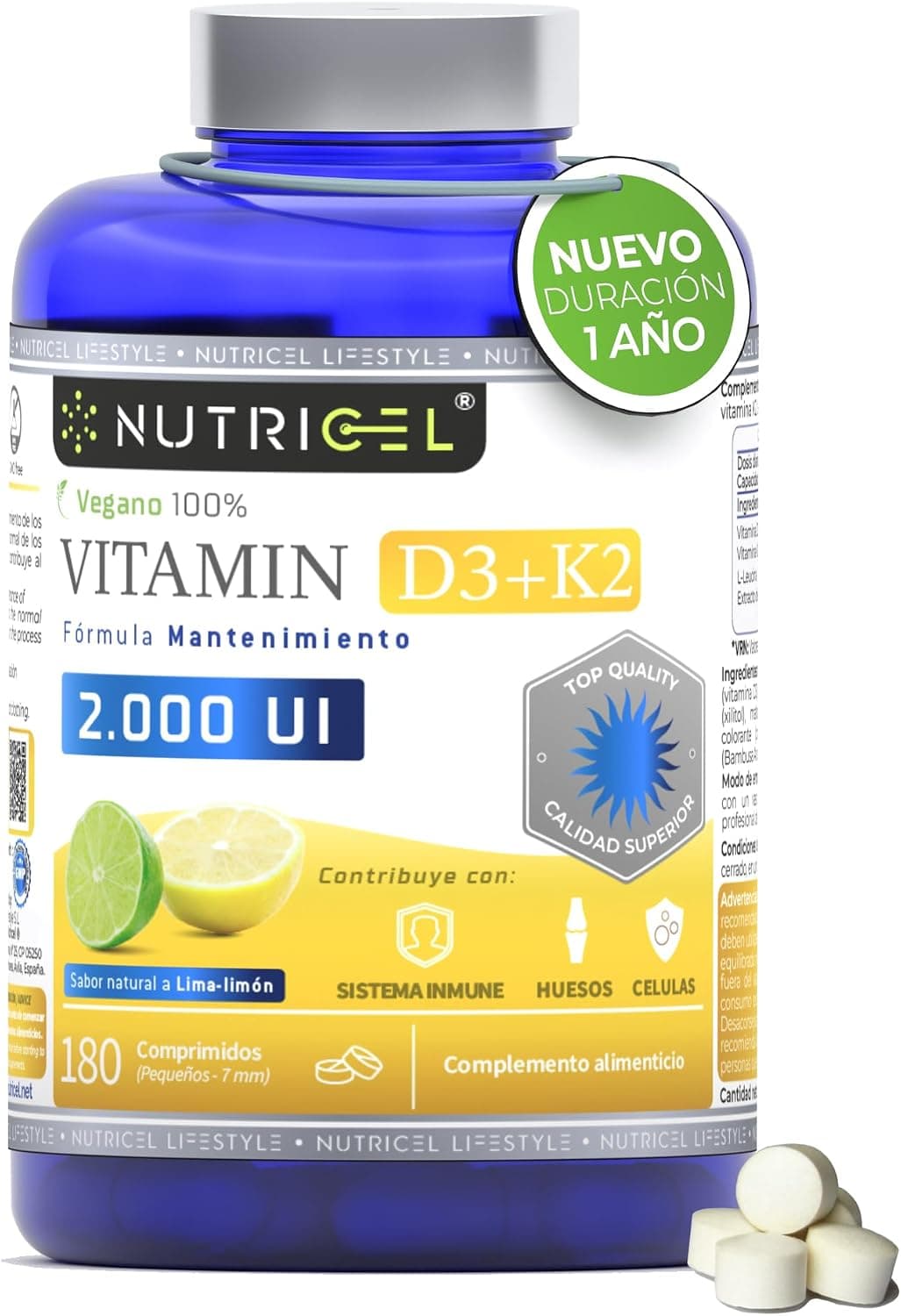 Vitamina D3 + K2 MK7 2000 UI Vegana - 180 Comprimidos Sabor Lima-Limón