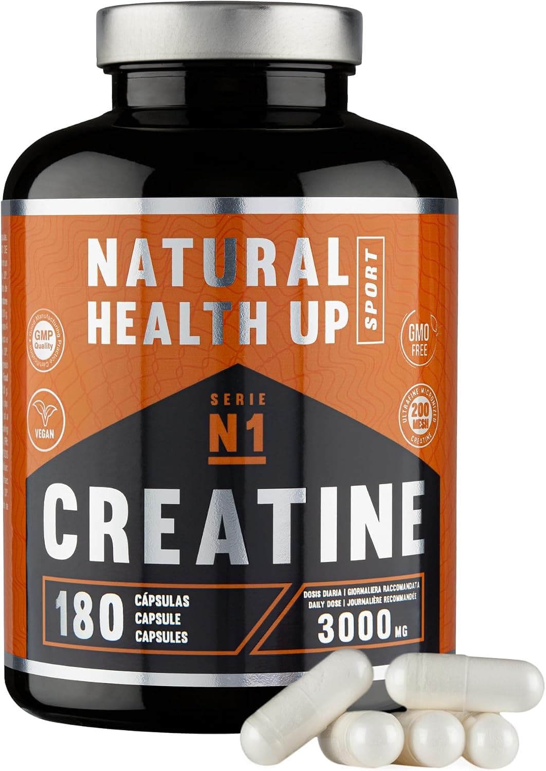 Creatina monohidratada – Complemento alimenticio que facilita el aumento de la masa muscular y refuerza la resistencia y mejora el rendimiento físico. No-GMO |100% Vegano | GMP QUALITY - 180 cápsulas