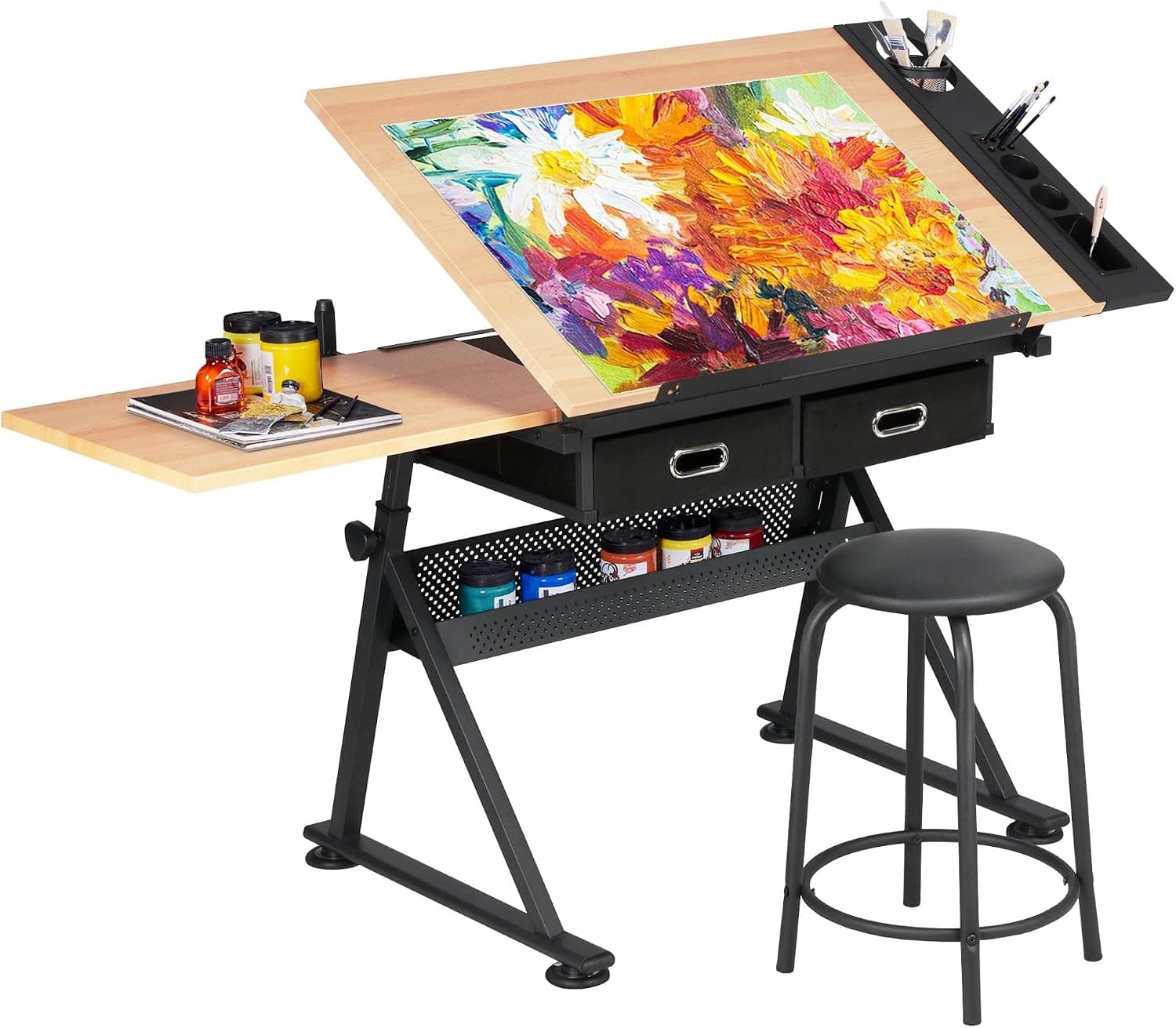 Yaheetech Mesa de Dibujo Inclinable 0-60° con Banco Ajustable Roble