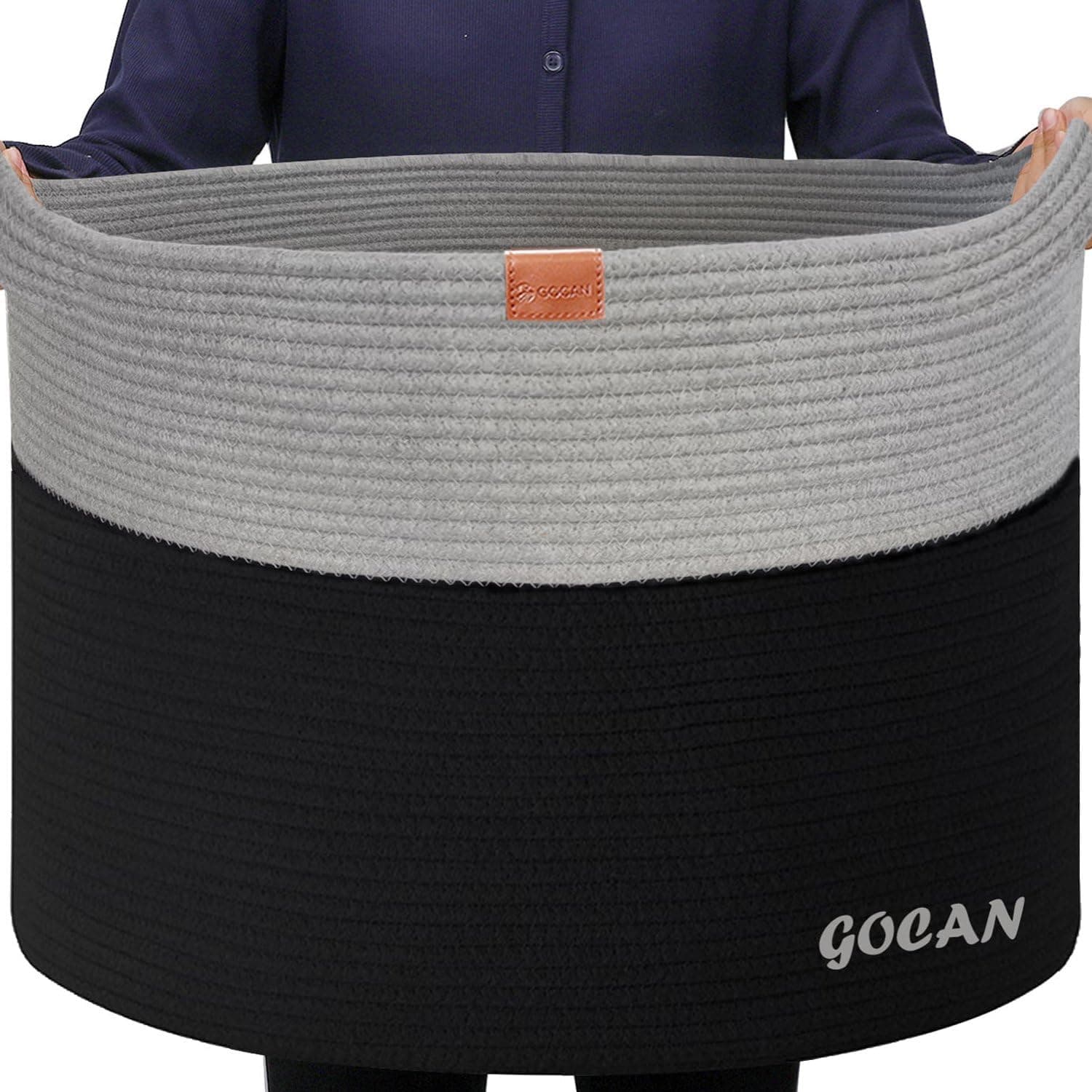 GOCAN - Cesta de almacenamiento extragrande tejida de cuerda de algodón con asas para ropa sucia, sala de estar, almacenamiento de juguetes, 55,88 cm x 55,88 cm x 35,56 cm, XXXL