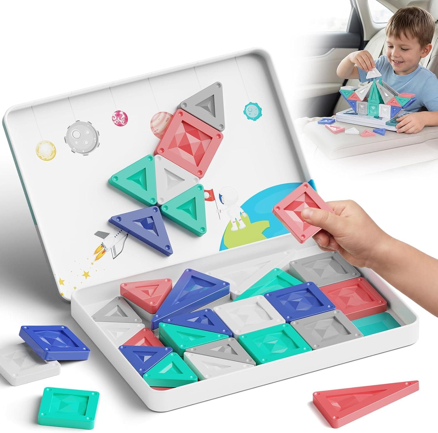 Bloques de construcción magnéticos de viaje a partir de 3 años, 40 piezas de bloques magnéticos Montessori, juguetes educativos con caja de estaño portátil y placa de juego integrada, bloques