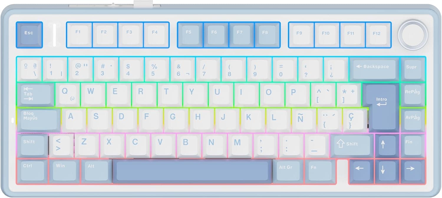 EPOMAKER Aula F75 ISO-ES Teclado Gaming Mecánico de 3 Modos,Azul Sal Marina